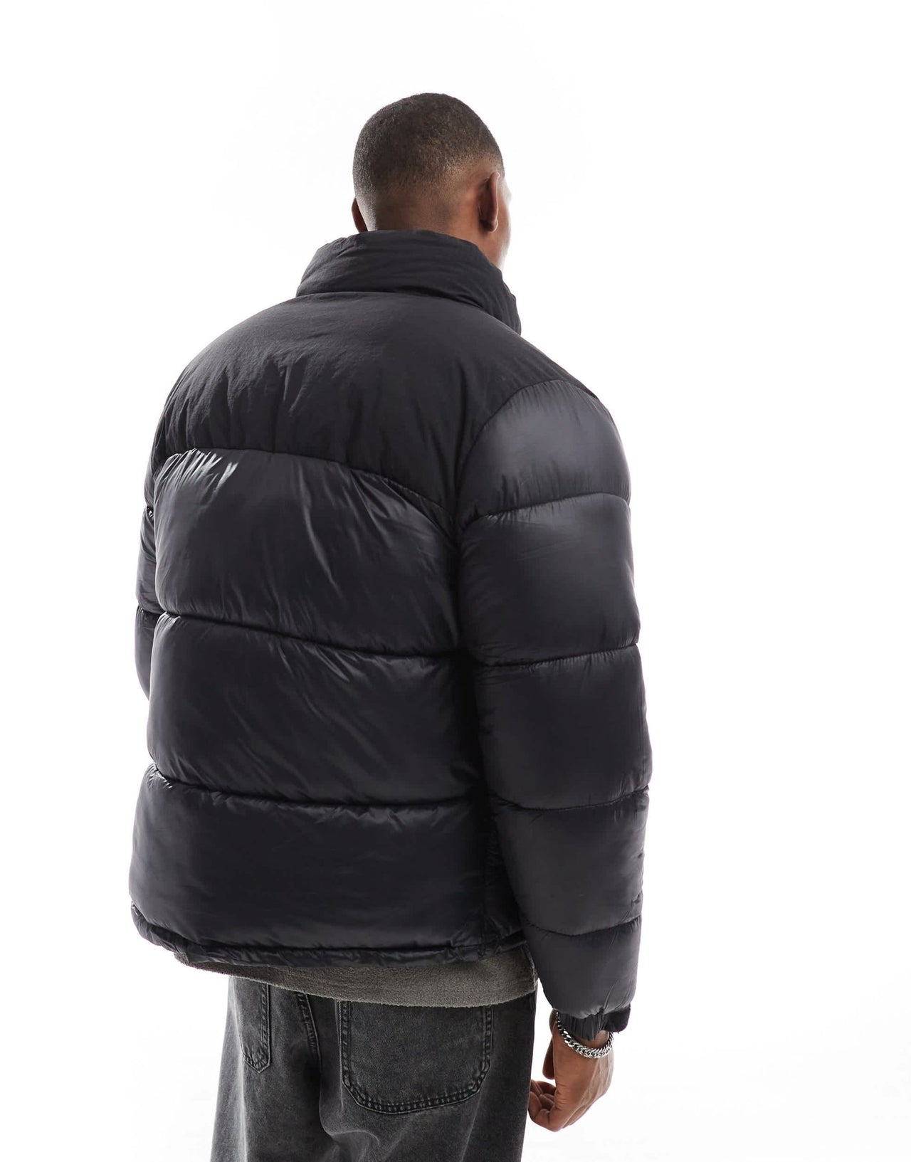 Jack & Jones high shine nylon block puffer jacket in black - ASOS Sample Sale