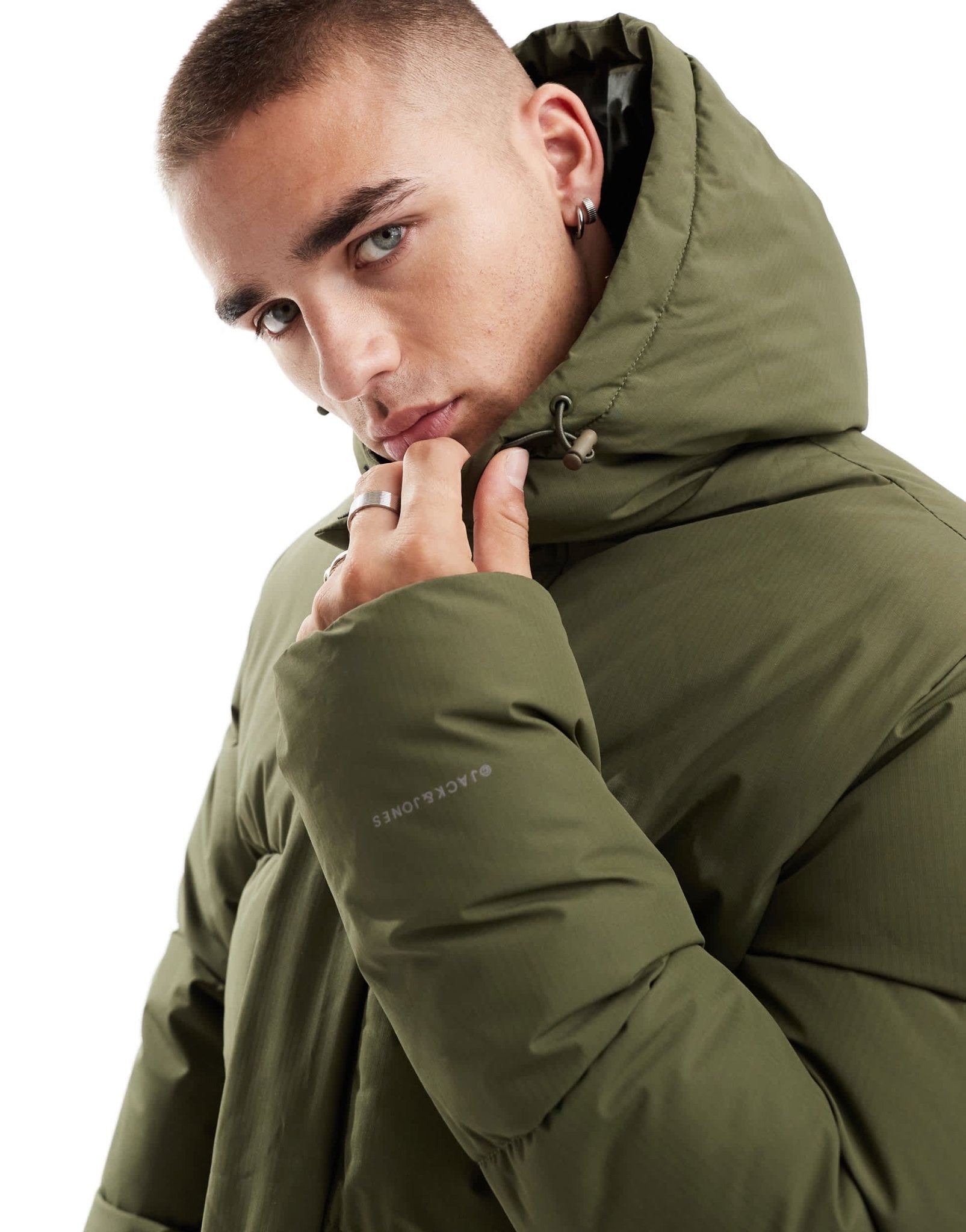 Jack & Jones hooded puffer jacket in khaki - ASOS Sample Sale