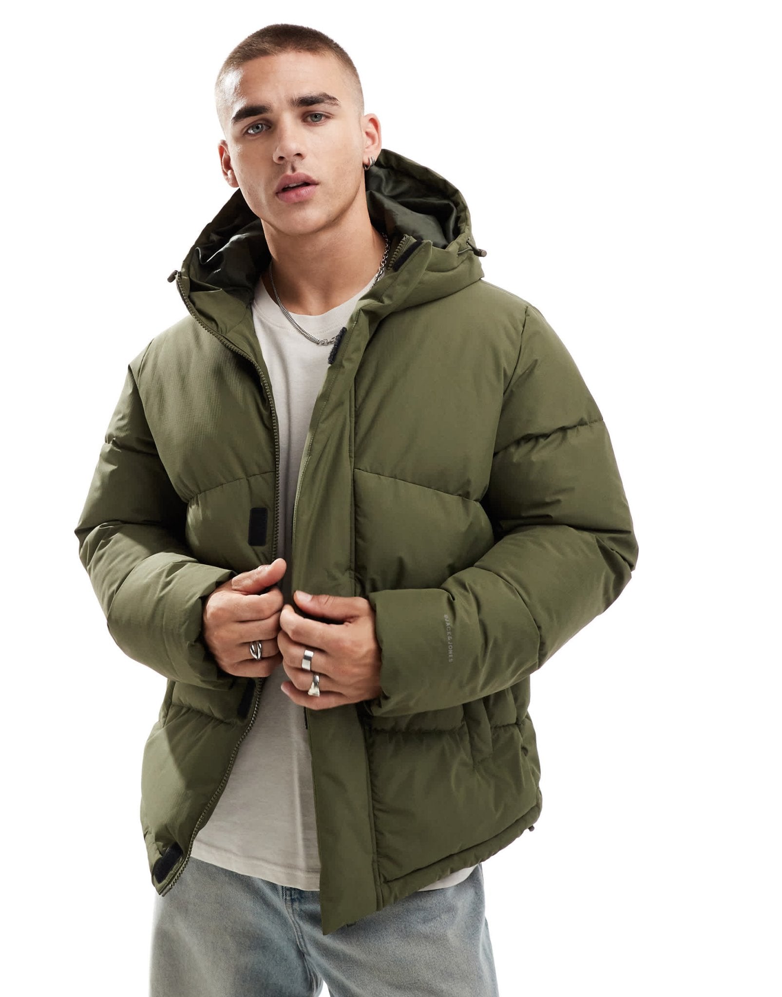 Jack & Jones hooded puffer jacket in khaki - ASOS Sample Sale