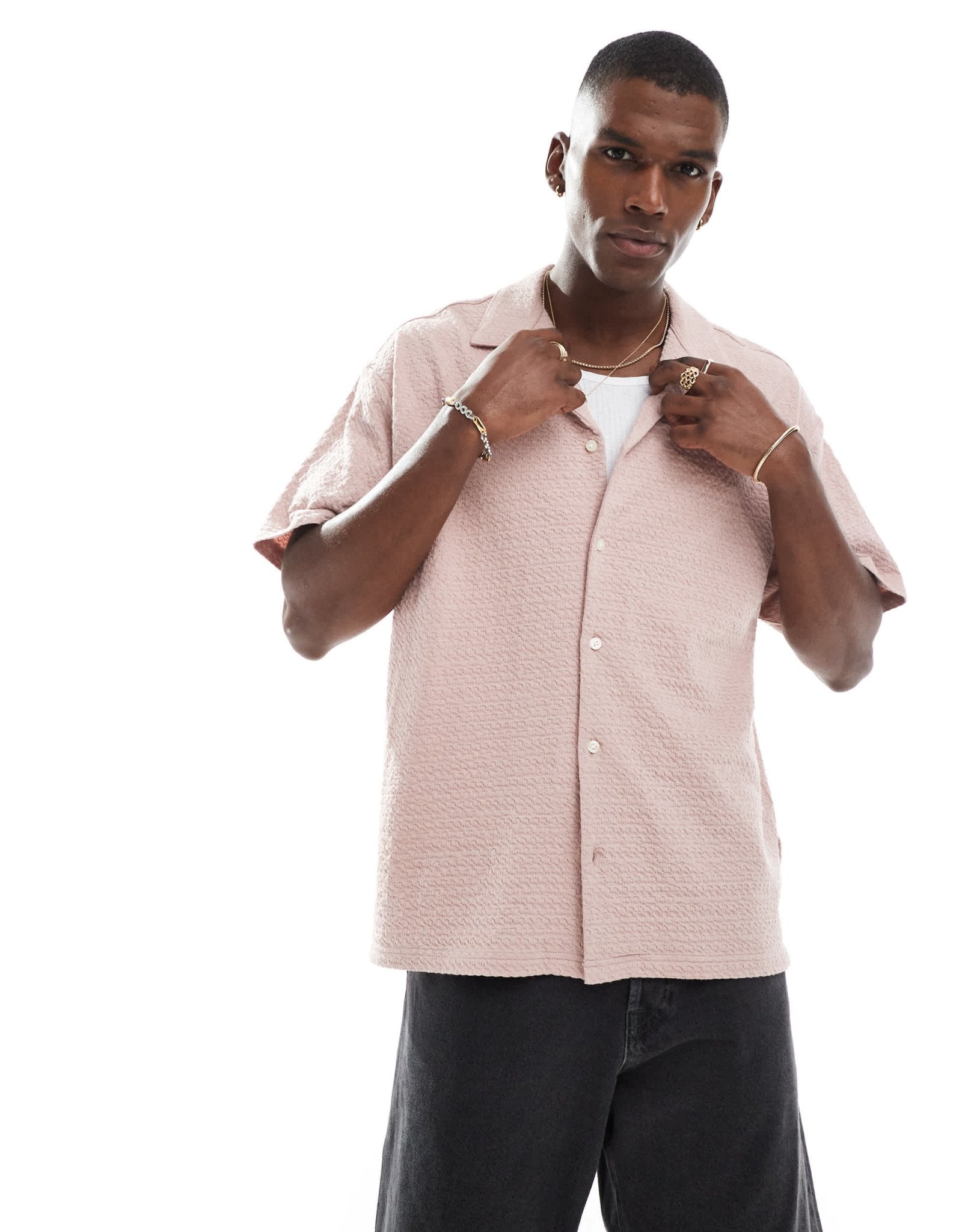 Jack & Jones jacquard short sleeve shirt in pink - ASOS Sample Sale
