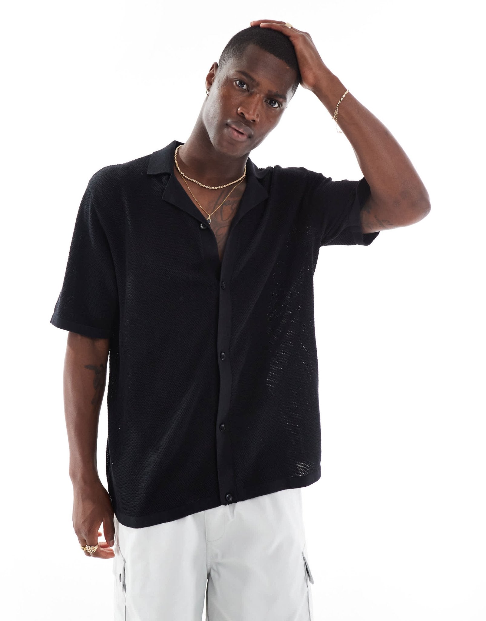 Jack & Jones oversized button through knitted polo in black - ASOS Sample Sale