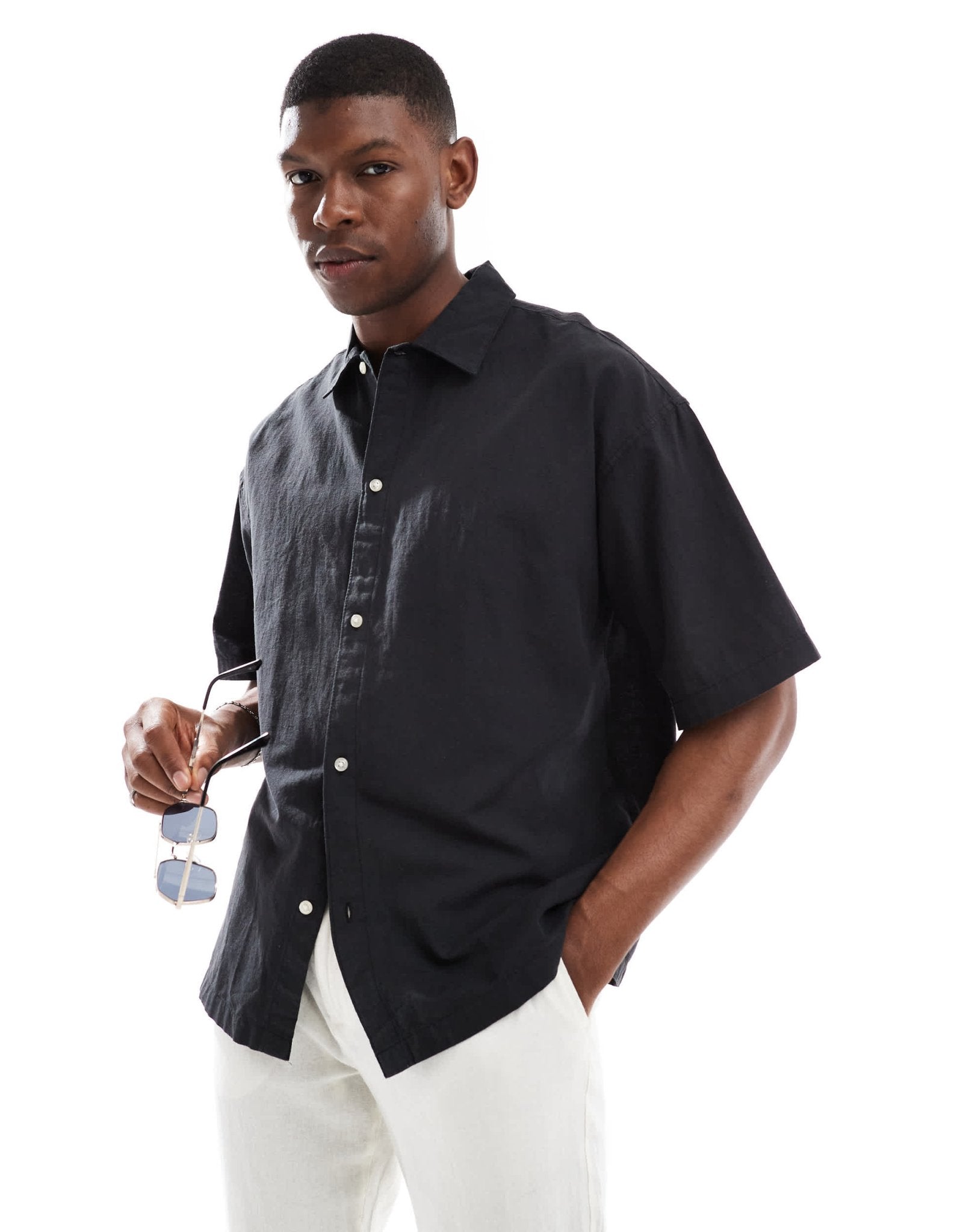 Jack & Jones oversized linen mix shirt in black - ASOS Sample Sale