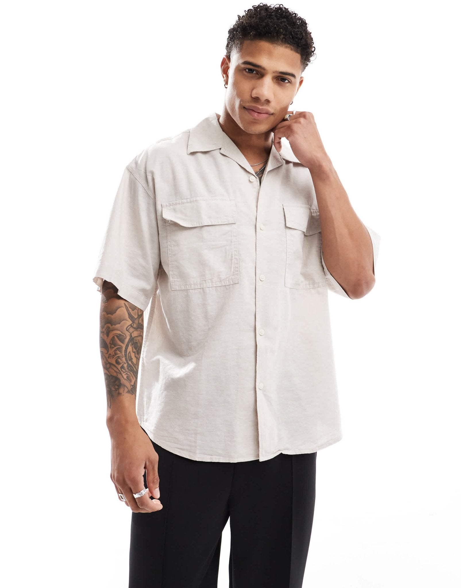 Jack & Jones oversized utility pocket linen shirt in beige - ASOS Sample Sale
