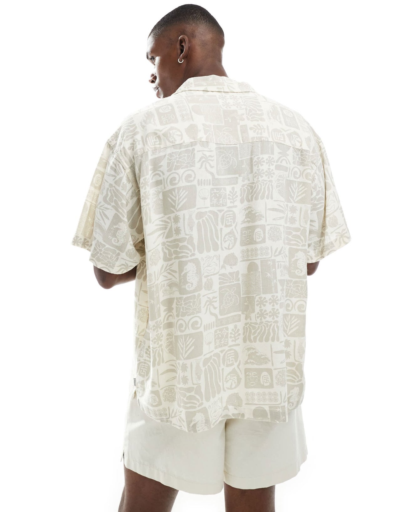 Jack & Jones revere collar linen short sleeve shirt with sealife print in beige - ASOS Sample Sale