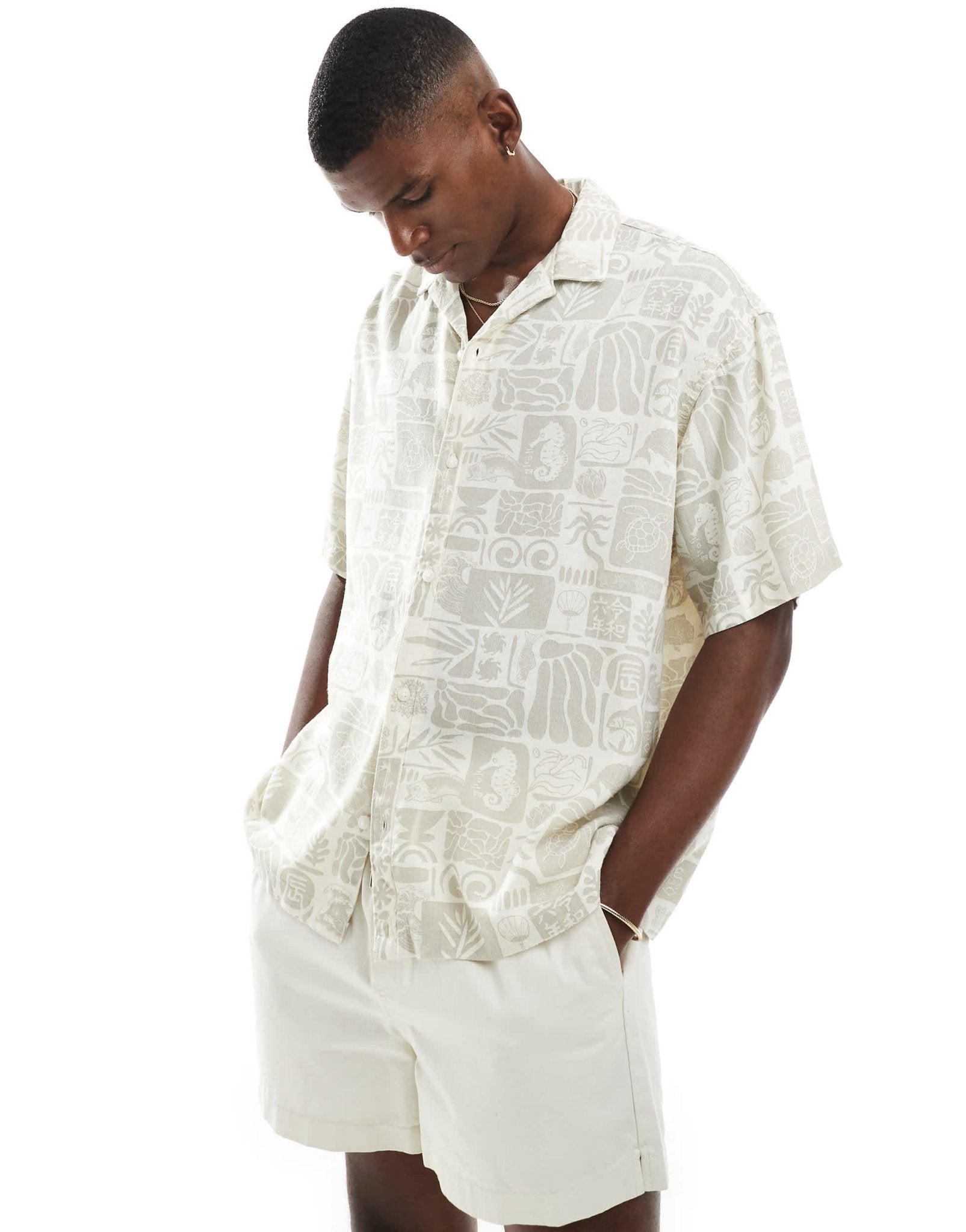 Jack & Jones revere collar linen short sleeve shirt with sealife print in beige - ASOS Sample Sale