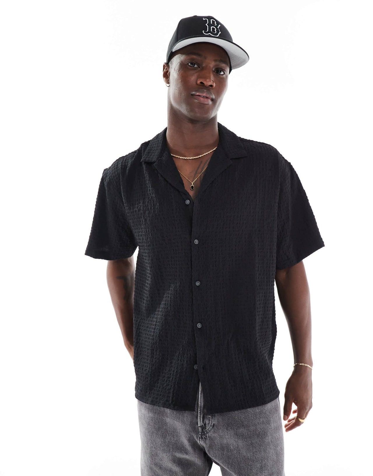 Jack & Jones revere collar seersucker short sleeve shirt in black - ASOS Sample Sale