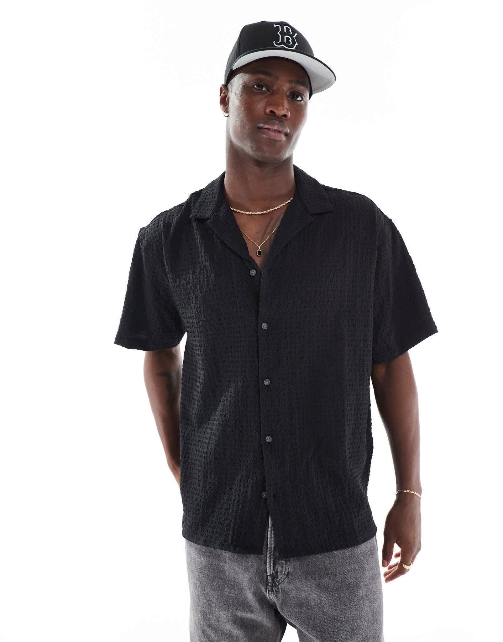 Jack & Jones revere collar seersucker short sleeve shirt in black - ASOS Sample Sale