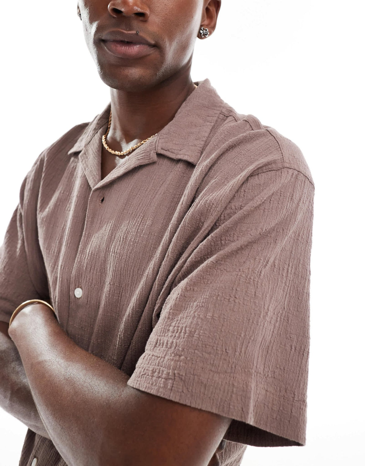 Jack & Jones revere collar shirt in crinkle texture taupe - ASOS Sample Sale