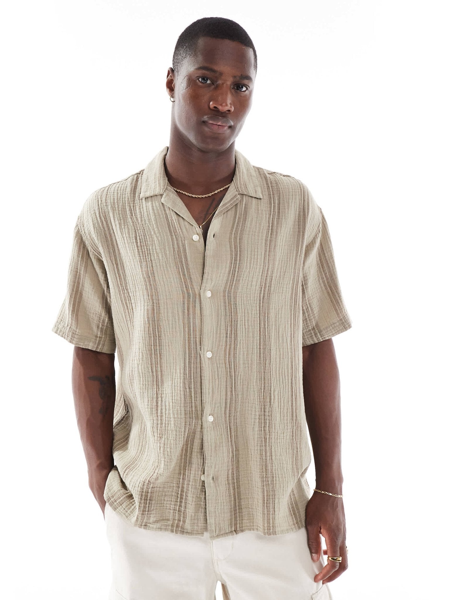 Jack & Jones revere collar shirt in tan texture stripe - ASOS Sample Sale