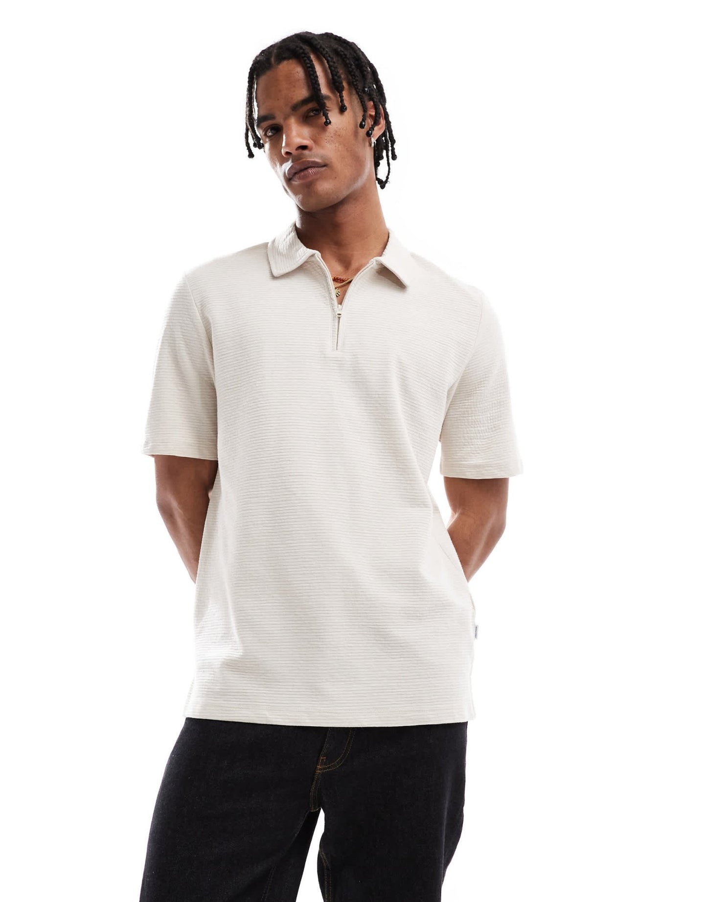 Jack & Jones textured zip polo in beige - ASOS Sample Sale
