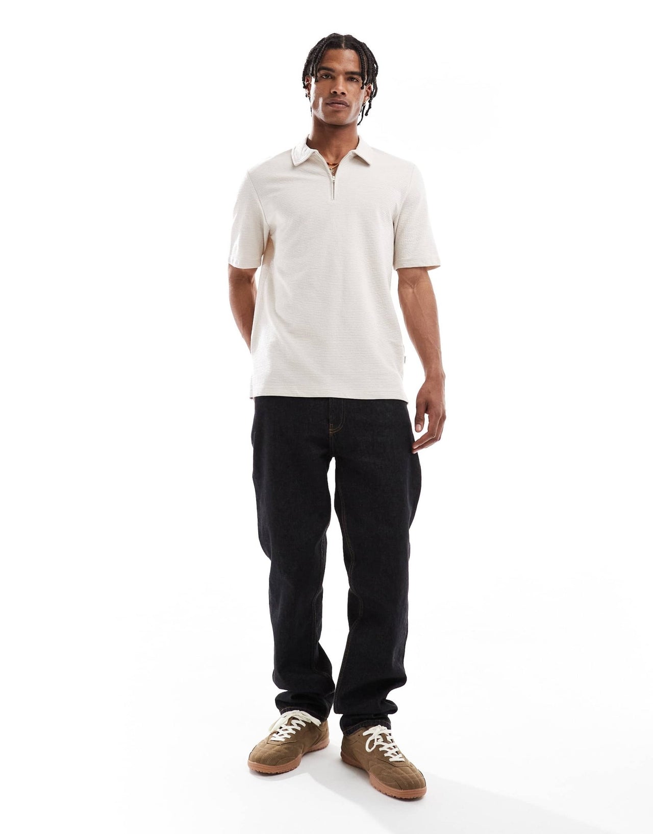 Jack & Jones textured zip polo in beige - ASOS Sample Sale
