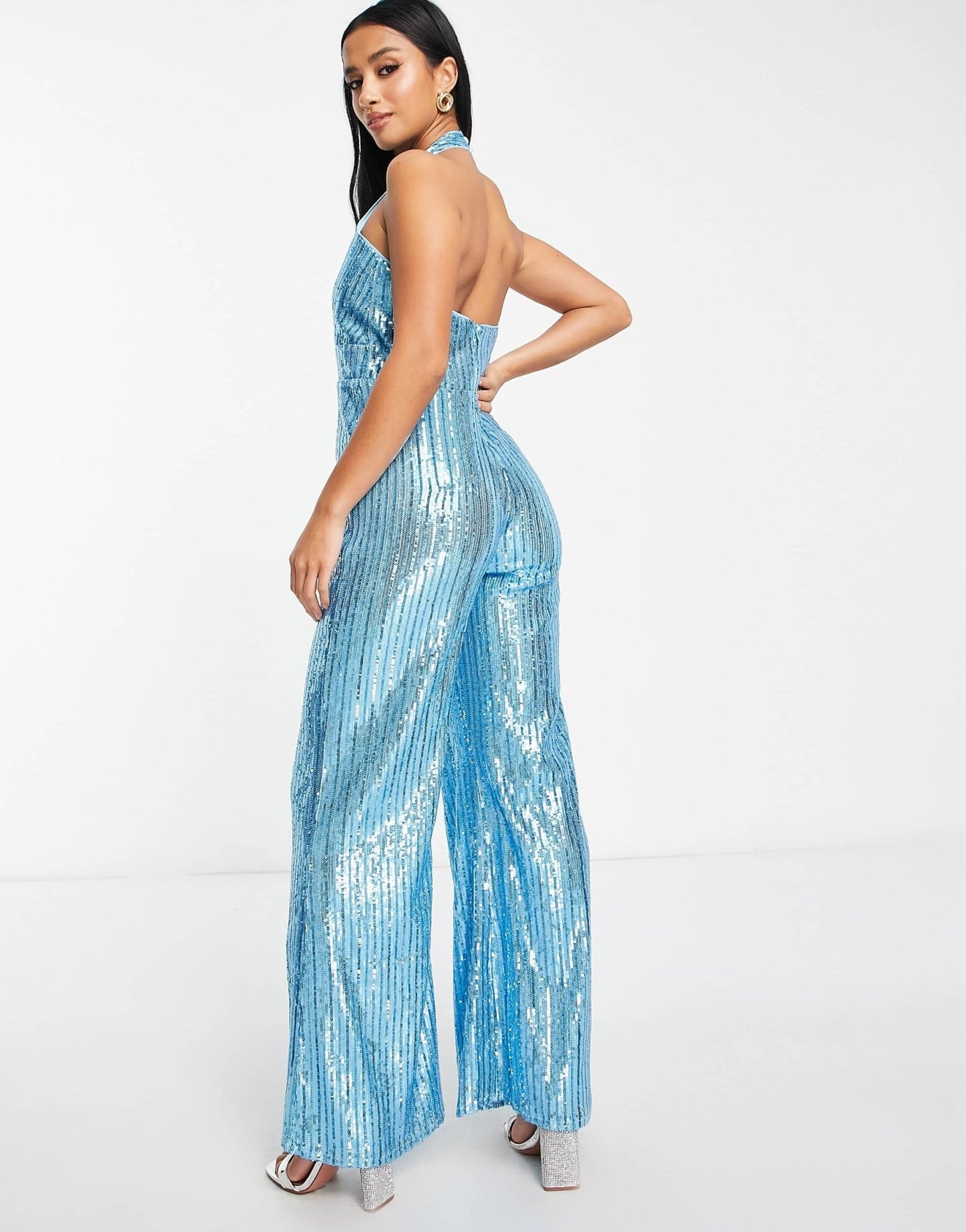 Jaded Rose Petite halterneck wide leg jumpsuit in blue stripe sequin - ASOS Sample Sale