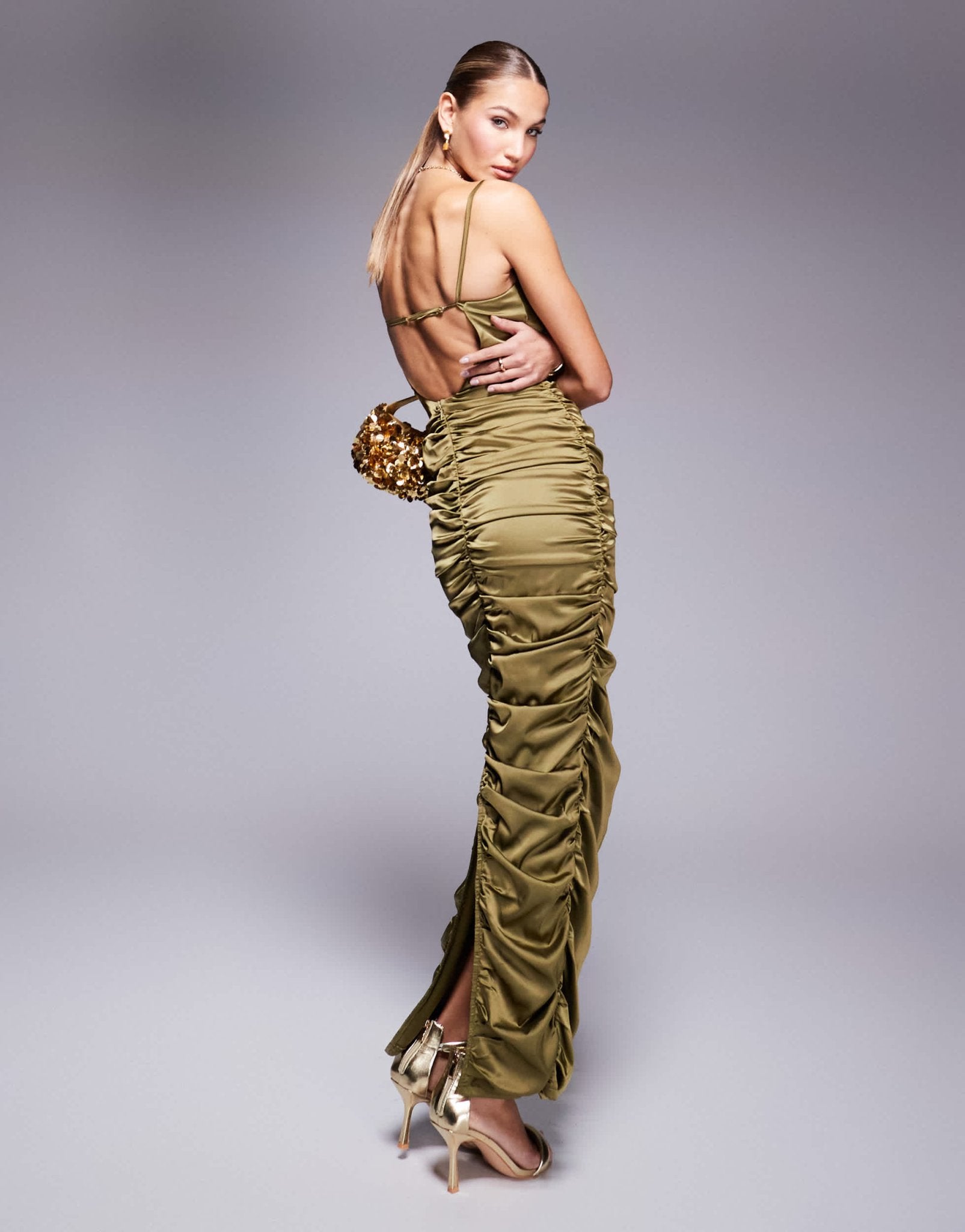 Jaded Rose ruched backless maxi dress in olive - ASOS Sample Sale