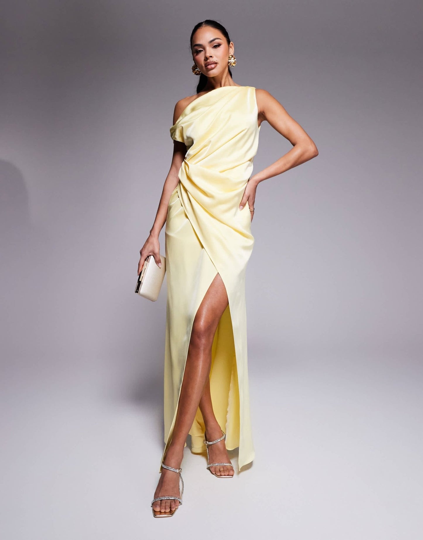 Jarlo asymmetric drape satin maxi dress in lemon - ASOS Sample Sale