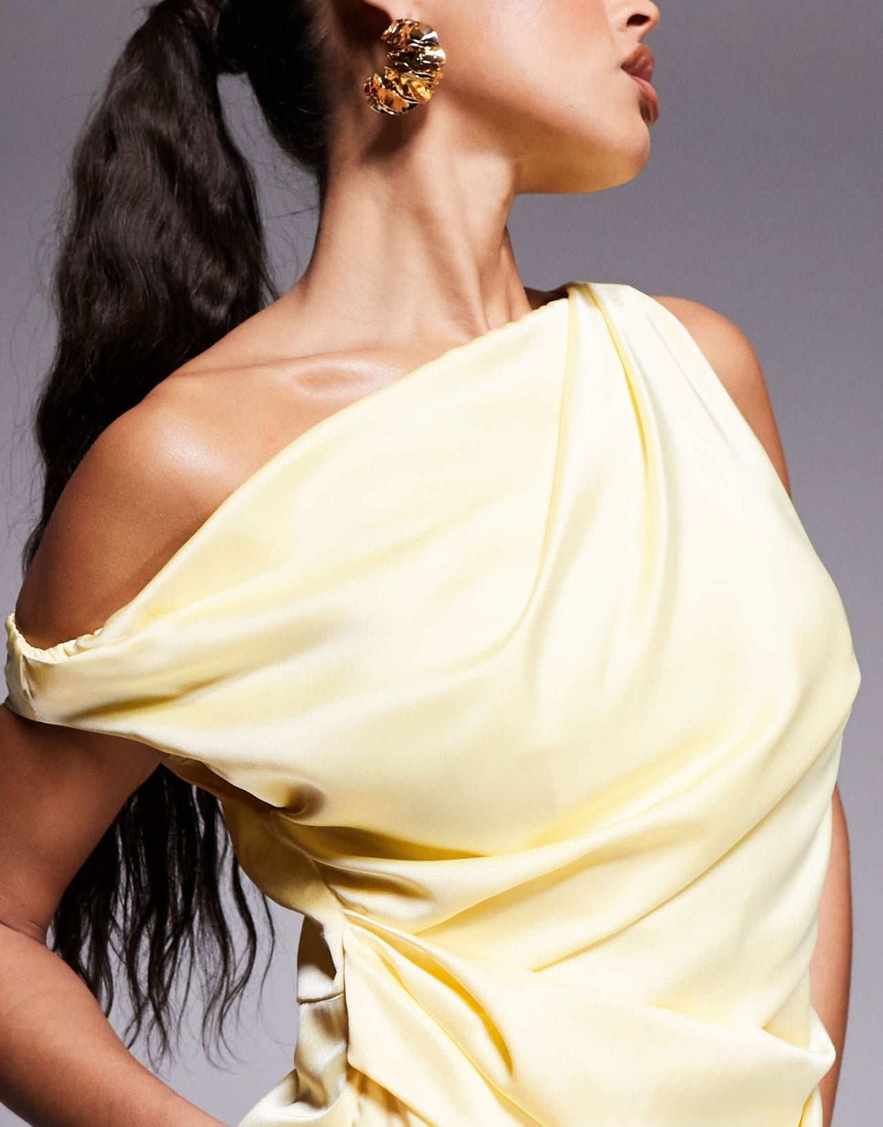 Jarlo asymmetric drape satin maxi dress in lemon - ASOS Sample Sale