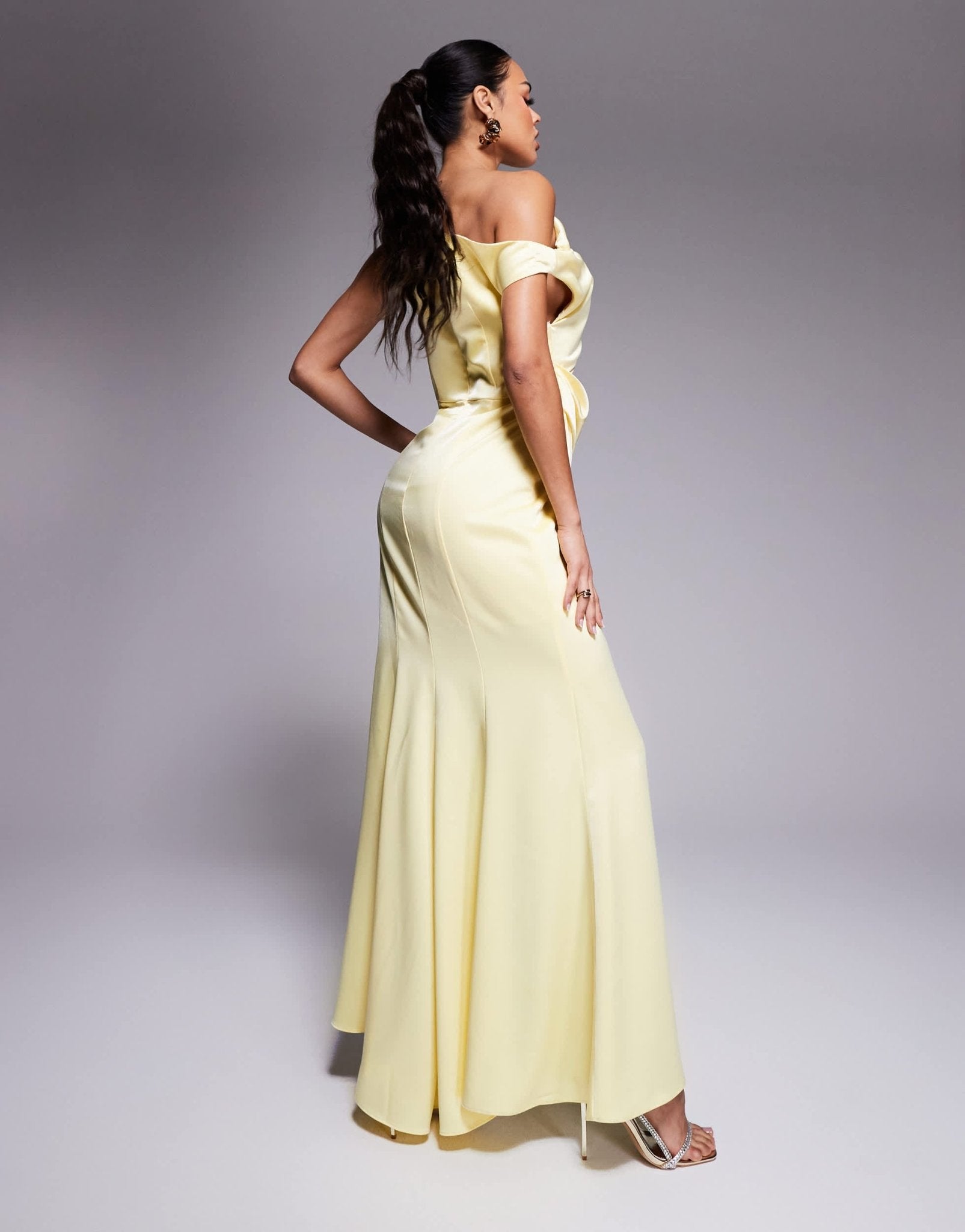 Jarlo asymmetric drape satin maxi dress in lemon - ASOS Sample Sale