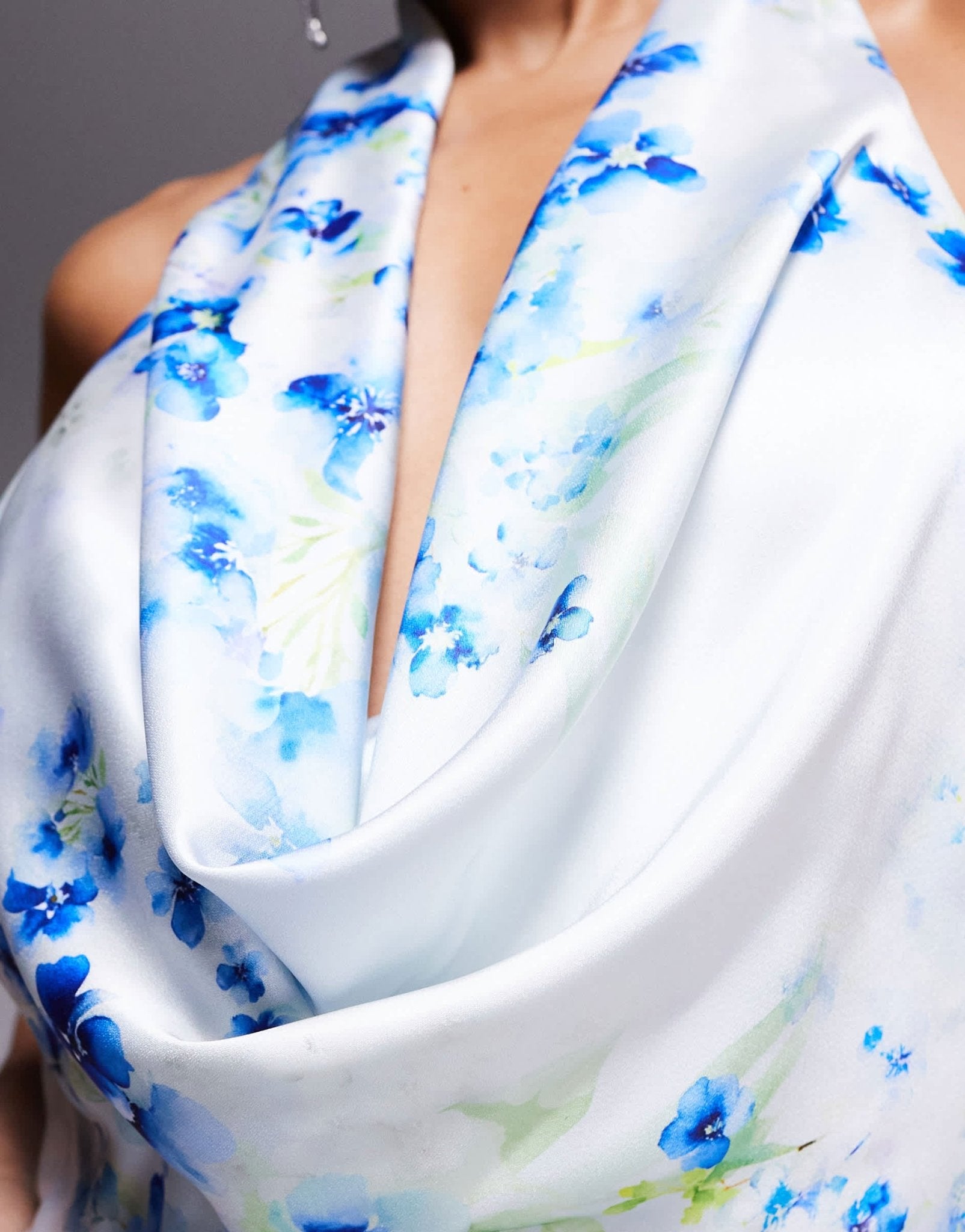 Jarlo cowl halter neck satin maxi dress in blue floral ASOS Sample Sale Jarlo cowl halter neck satin maxi dress in blue floral ASOS Sample Sale