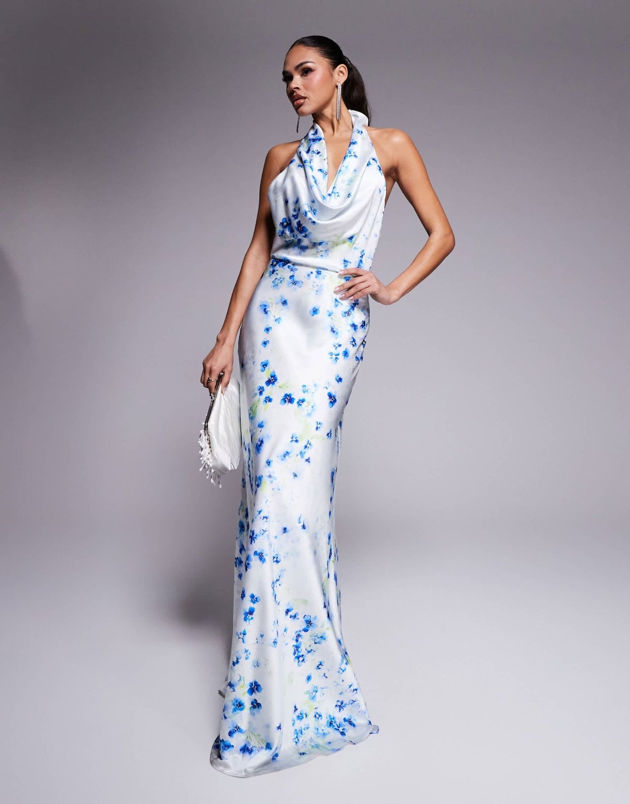 Jarlo cowl halter neck satin maxi dress in blue floral - ASOS Sample Sale