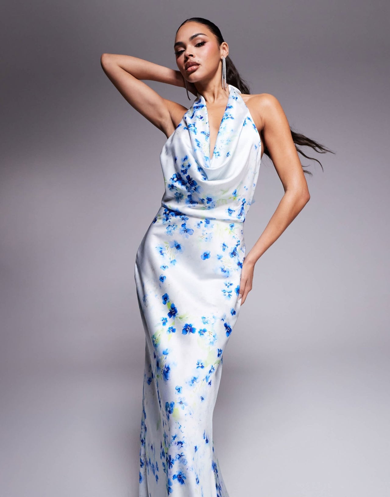 Jarlo cowl halter neck satin maxi dress in blue floral - ASOS Sample Sale