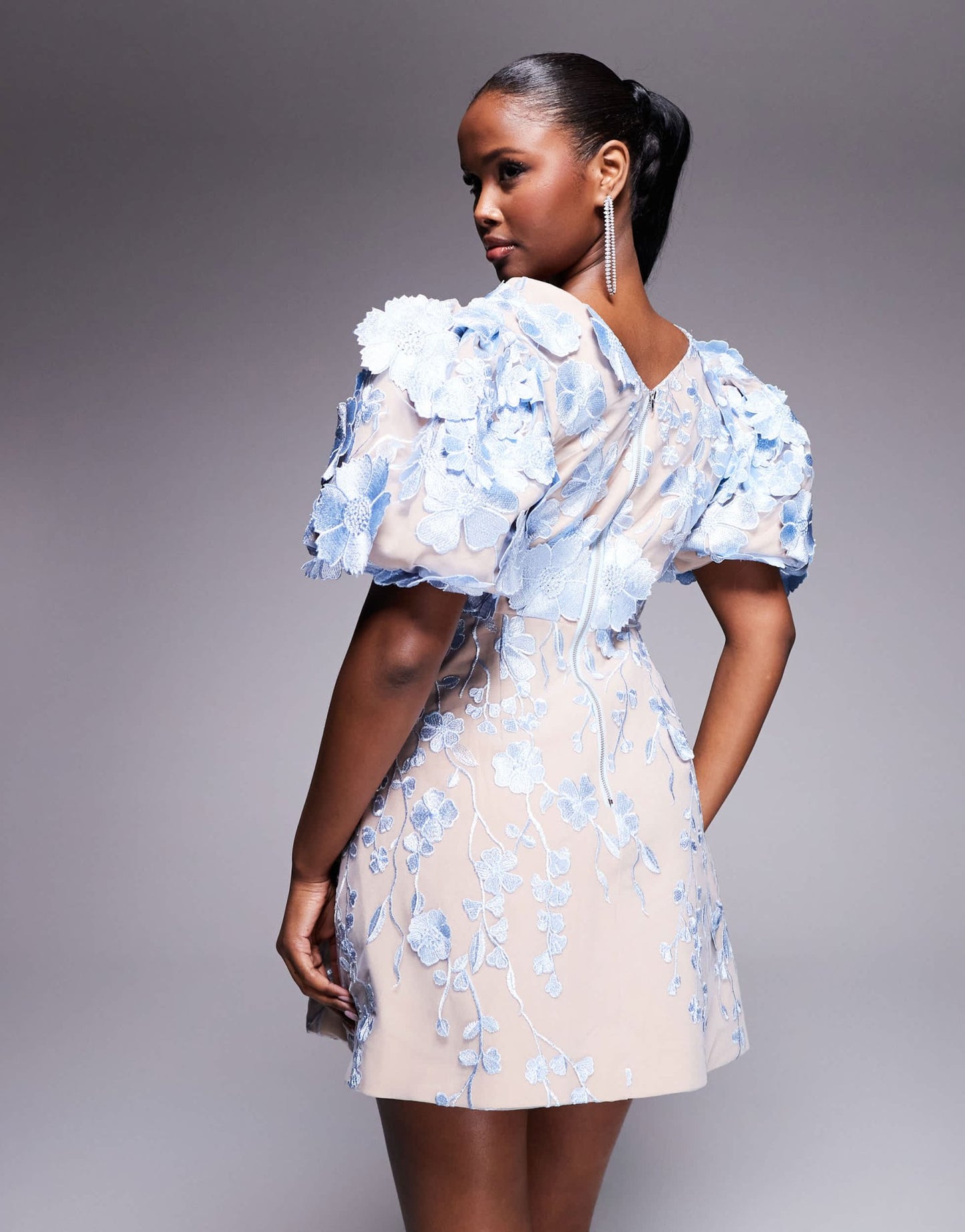 Jarlo embroidered puff sleeve mini dress in icy blue - ASOS Sample Sale