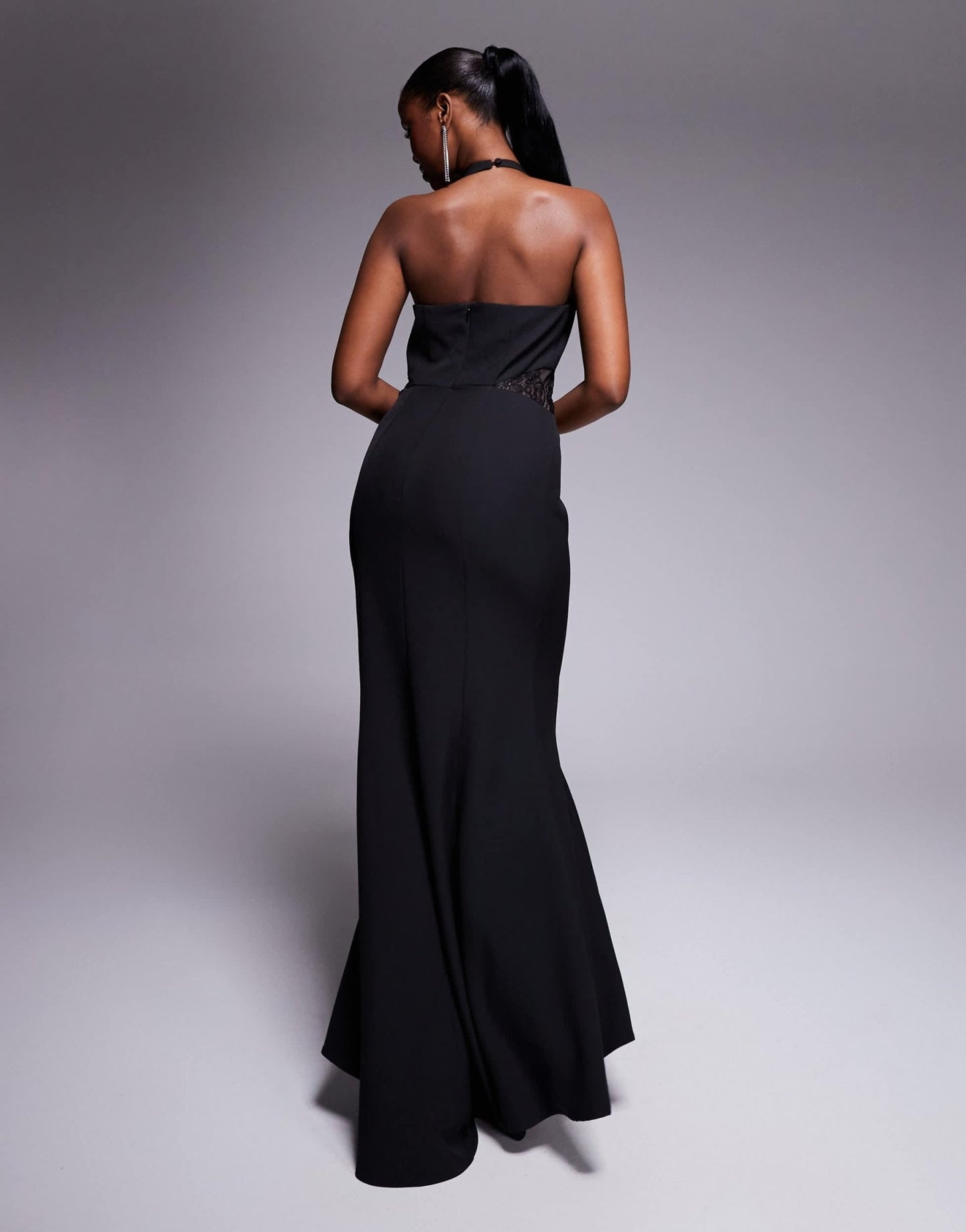 Jarlo high neck fishtail maxi dress with lace panels in black - ASOS Sample Sale
