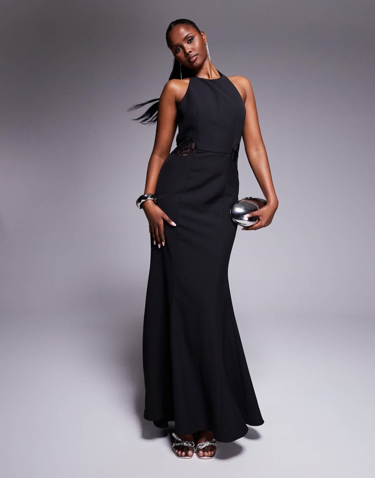 Jarlo high neck fishtail maxi dress with lace panels in black - ASOS Sample Sale