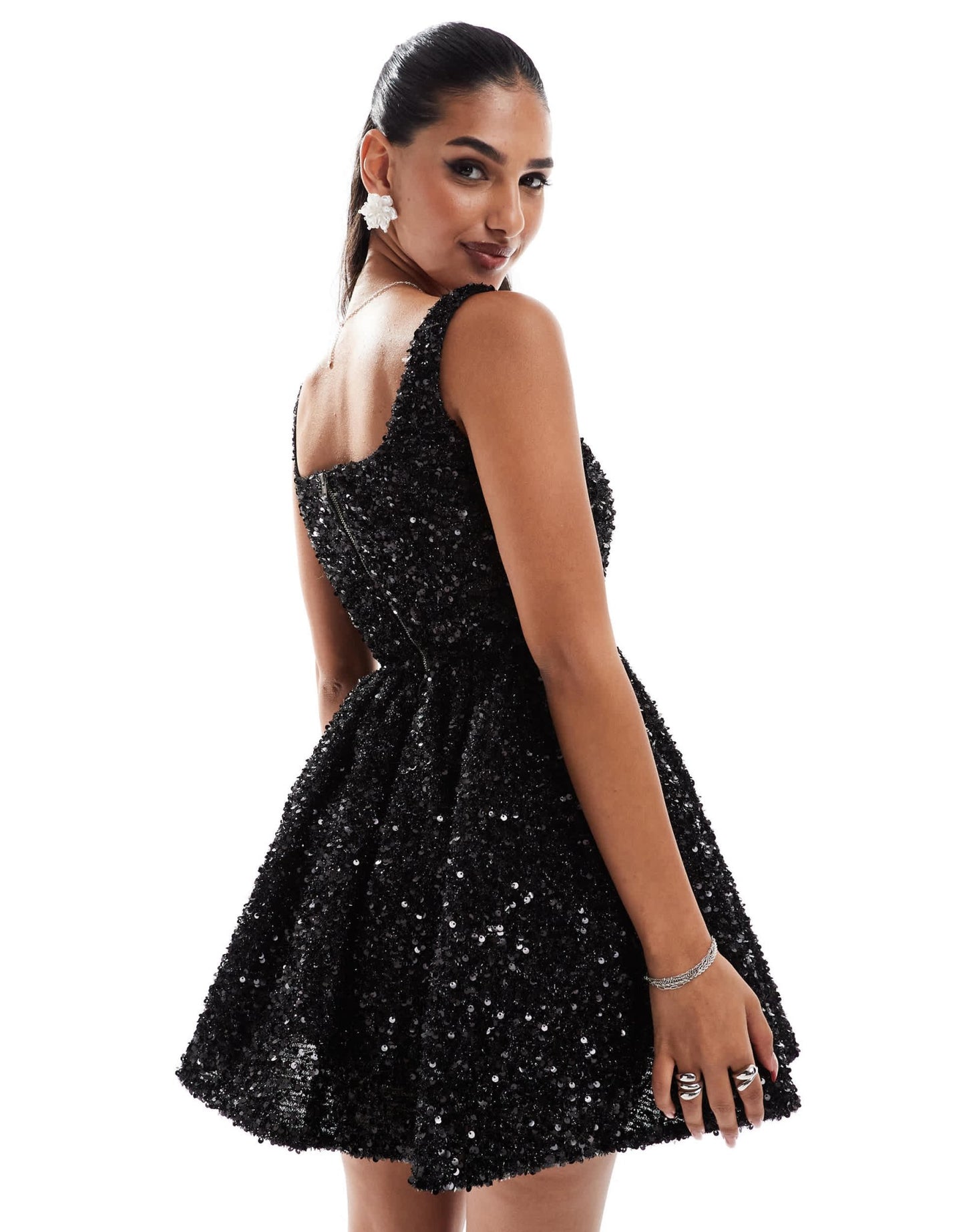 Jarlo square neck a - line sequin mini dress in black - ASOS Sample Sale