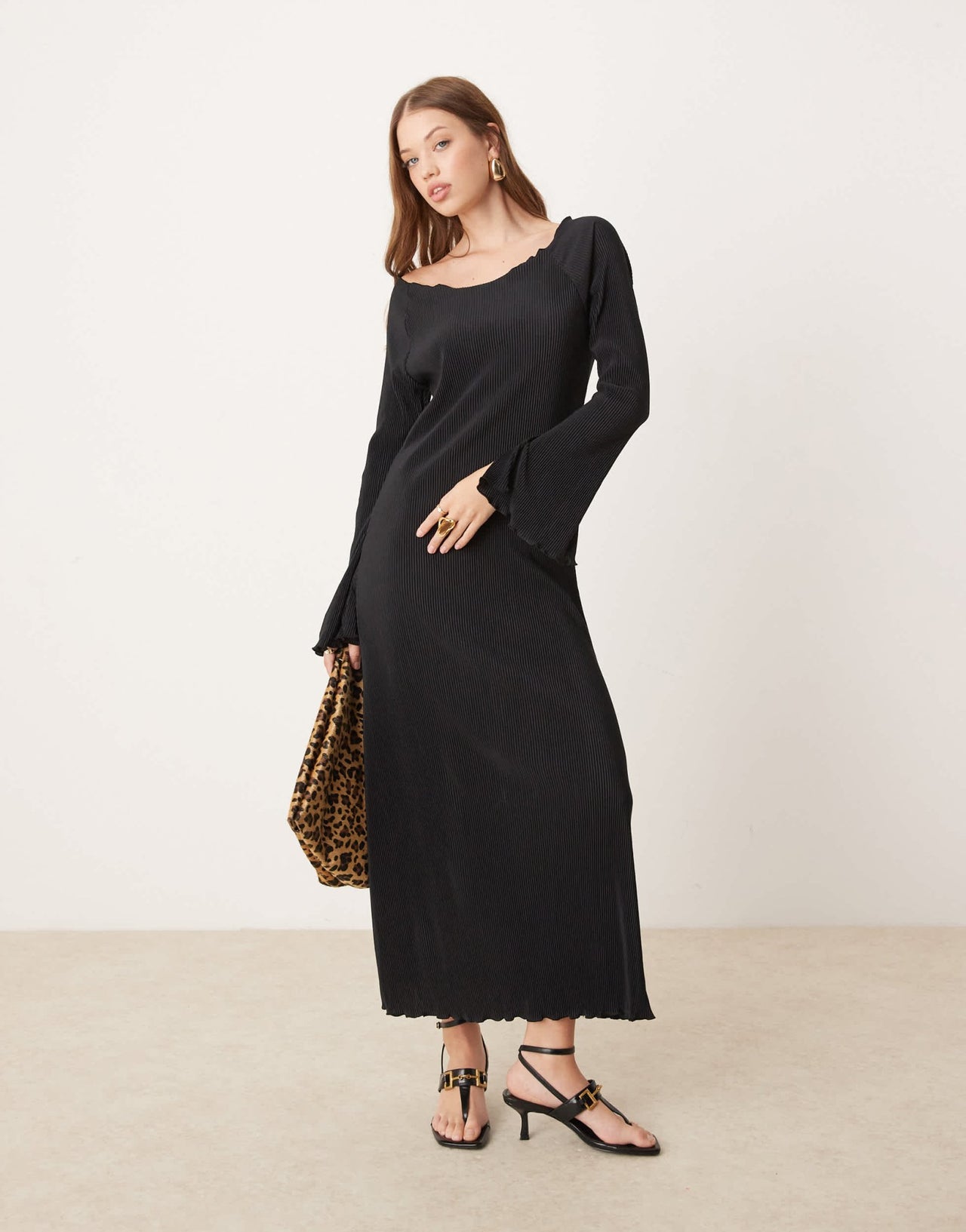 JDY bell sleeve plisse maxi dress in black - ASOS Sample Sale