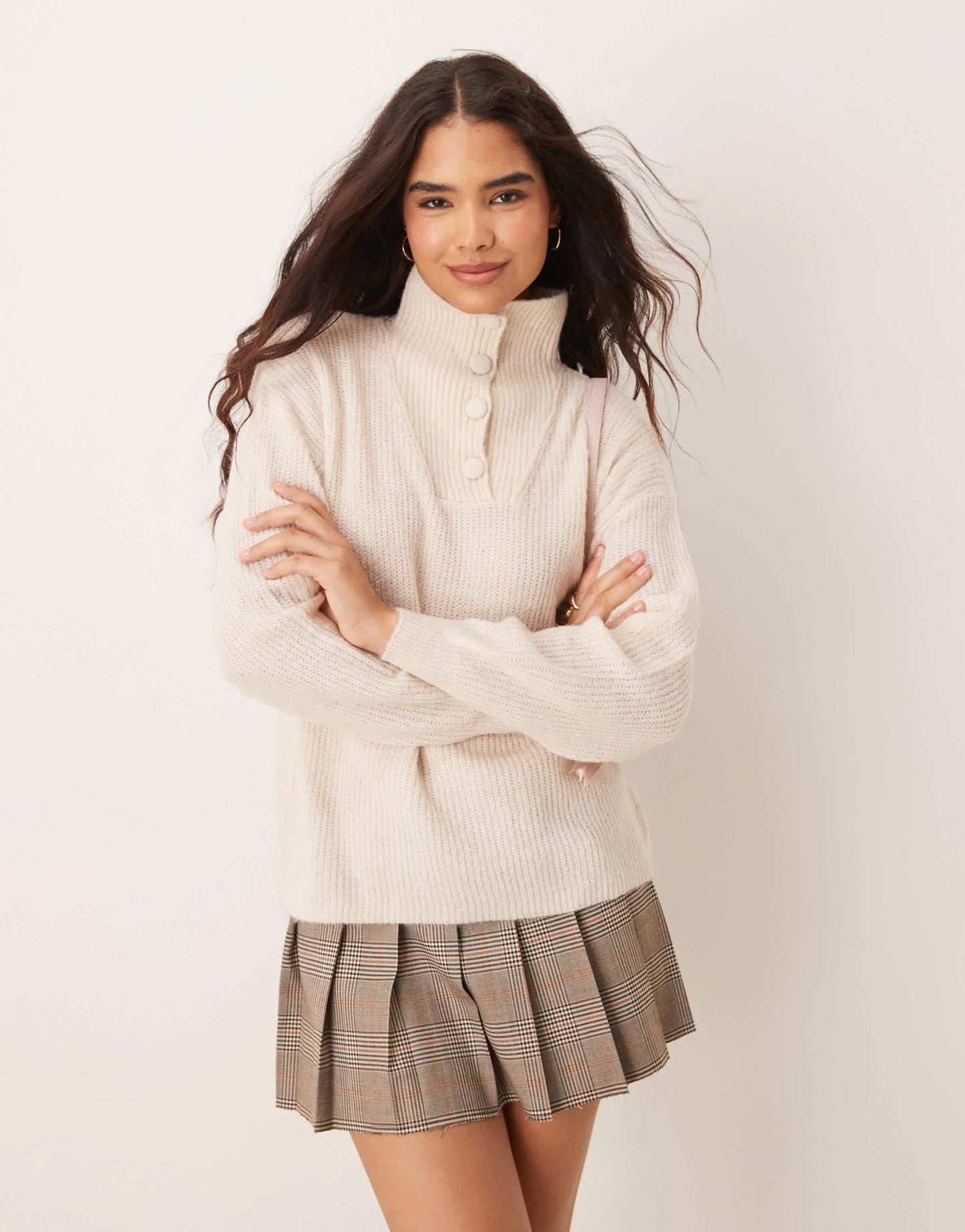 JDY button detail high neck knitted jumper in stone - ASOS Sample Sale