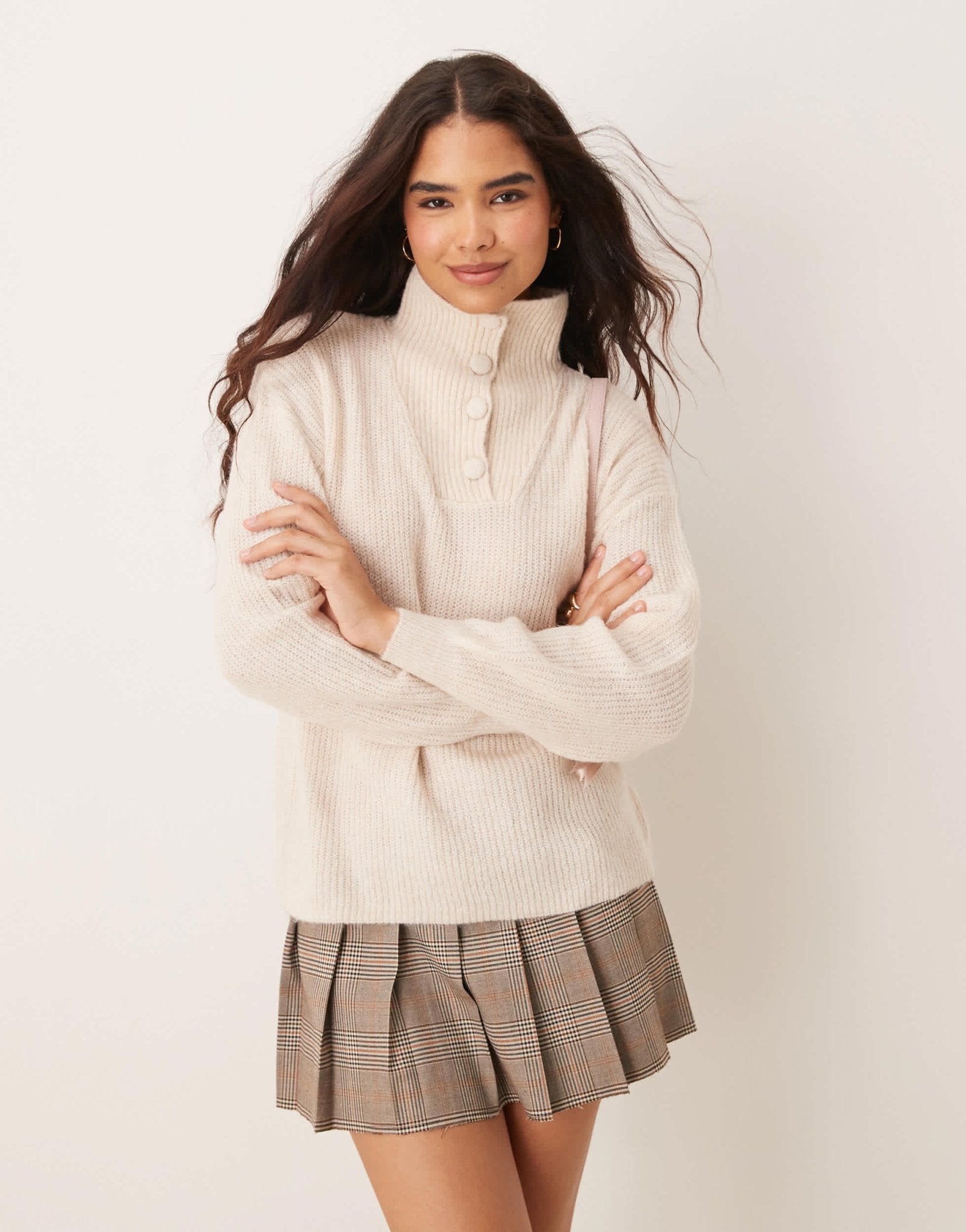 JDY button detail high neck knitted jumper in stone - ASOS Sample Sale