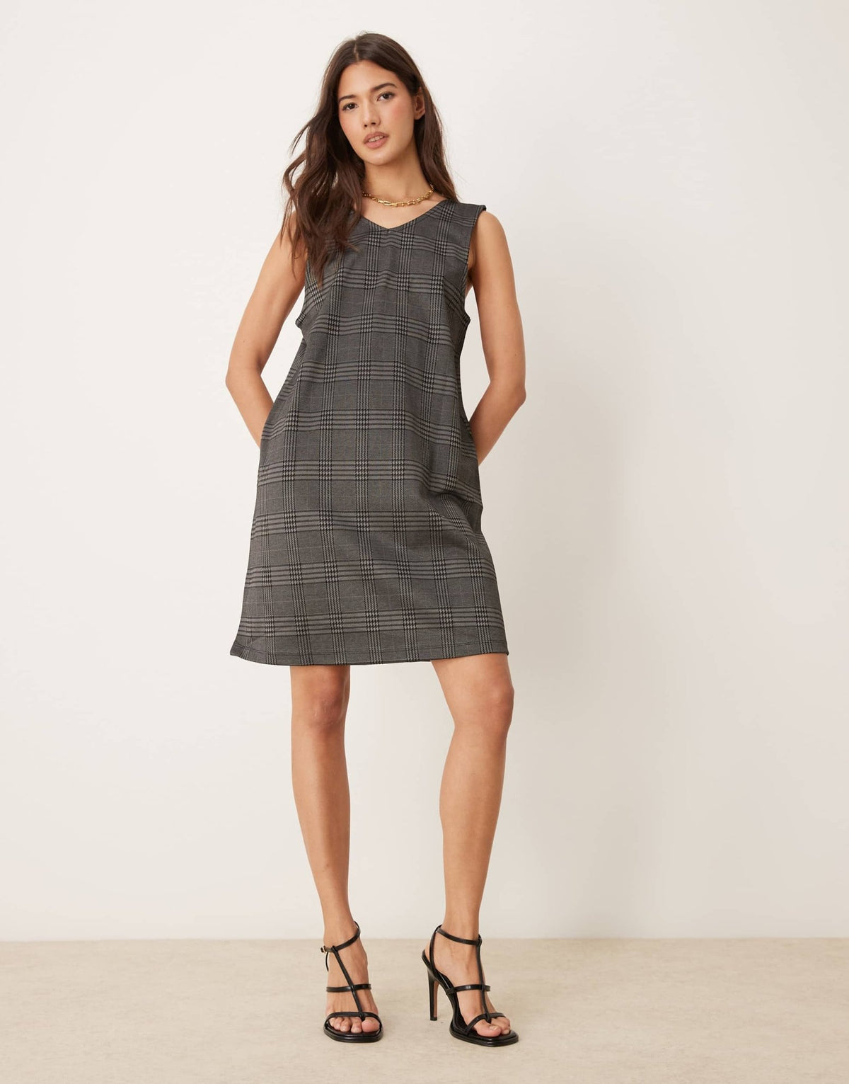 JDY check pinafore mini dress in grey – ASOS Sample Sale