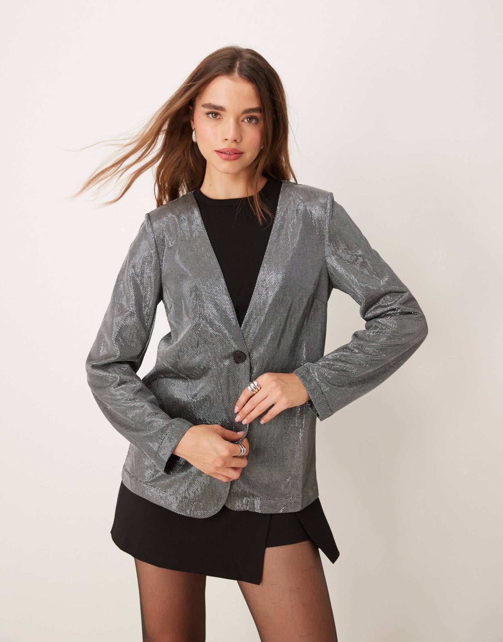 JDY collarless blazer in metallic silver - ASOS Sample Sale