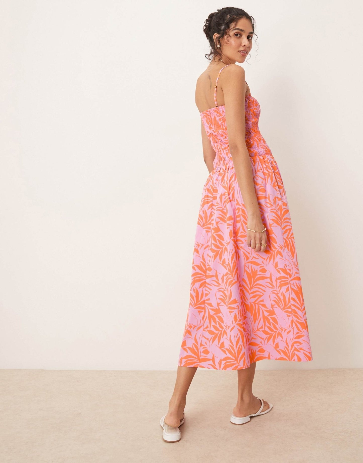 JDY drop waist shirred midaxi dress in pink & orange print - ASOS Sample Sale