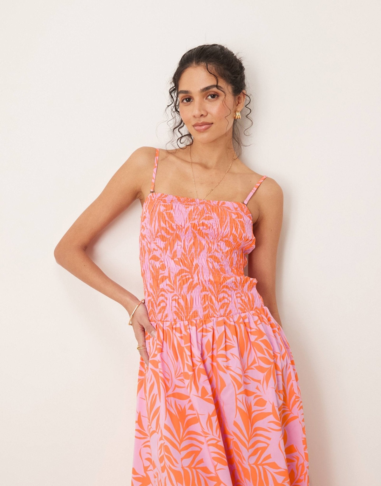 JDY drop waist shirred midaxi dress in pink & orange print - ASOS Sample Sale