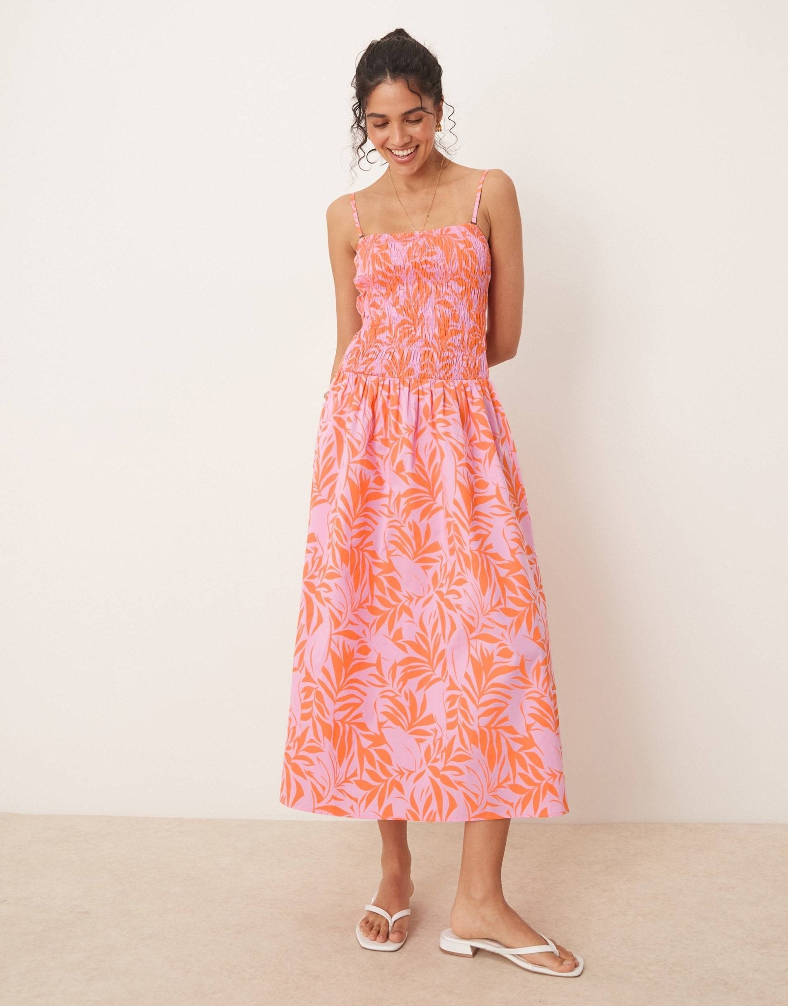 JDY drop waist shirred midaxi dress in pink & orange print - ASOS Sample Sale