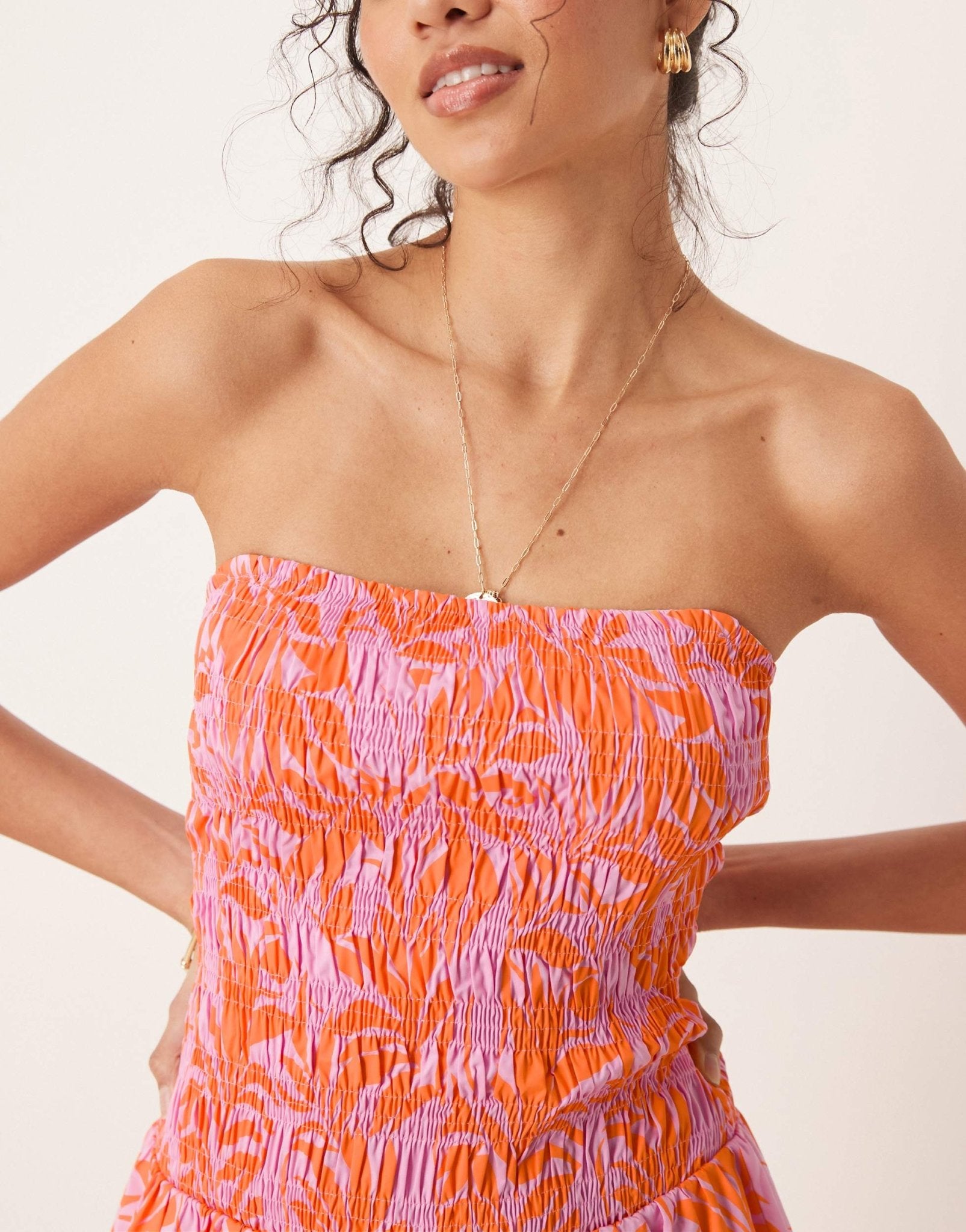JDY drop waist shirred midaxi dress in pink & orange print - ASOS Sample Sale