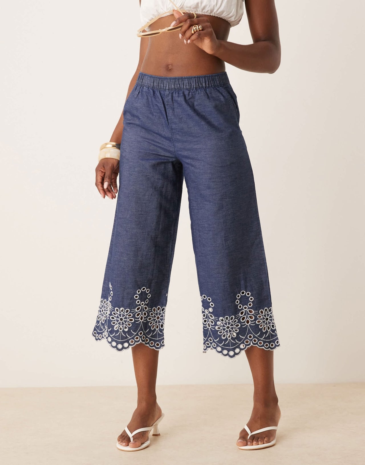 JDY embroidery detail cropped trousers in mid blue wash - ASOS Sample Sale