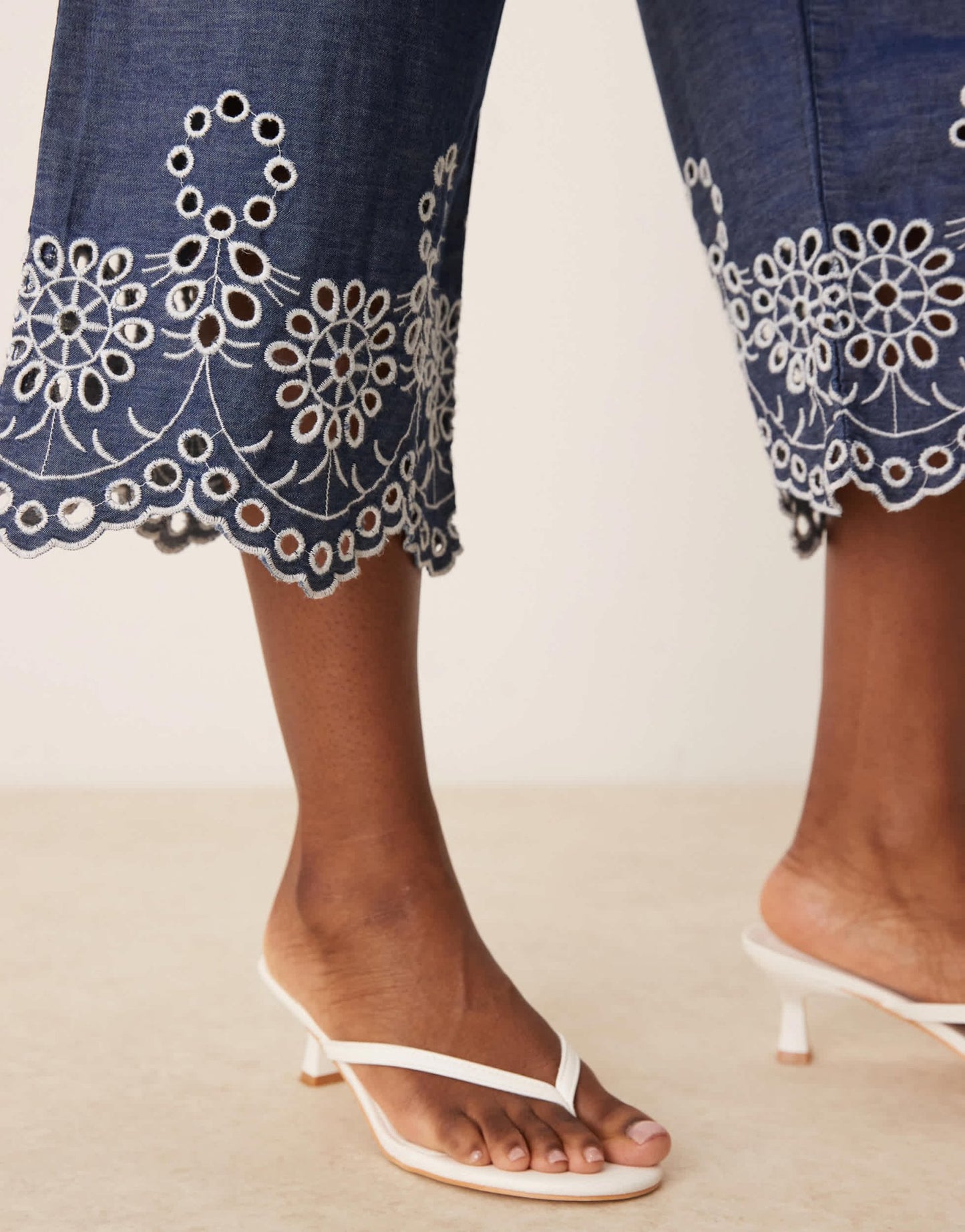 JDY embroidery detail cropped trousers in mid blue wash - ASOS Sample Sale