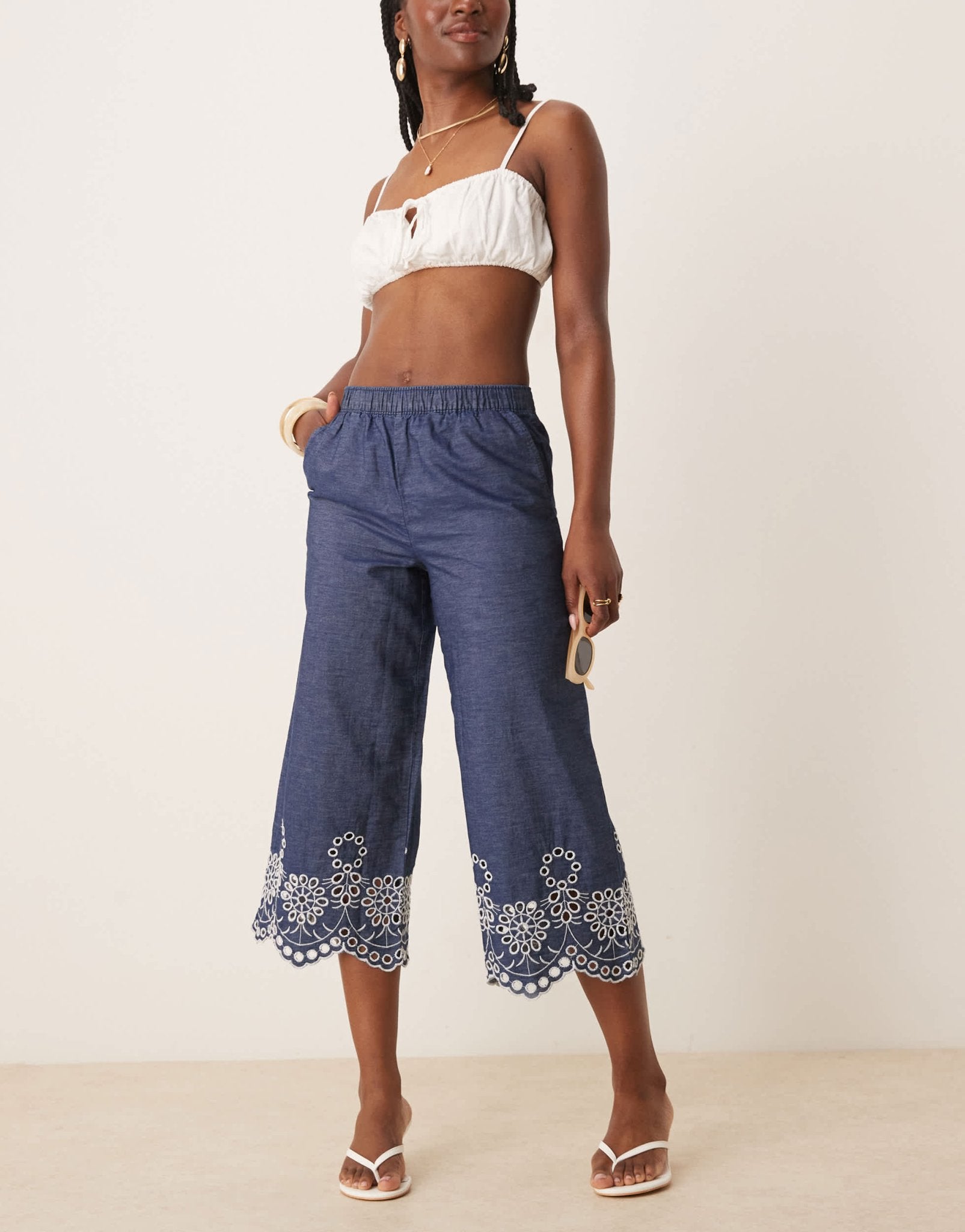 JDY embroidery detail cropped trousers in mid blue wash - ASOS Sample Sale