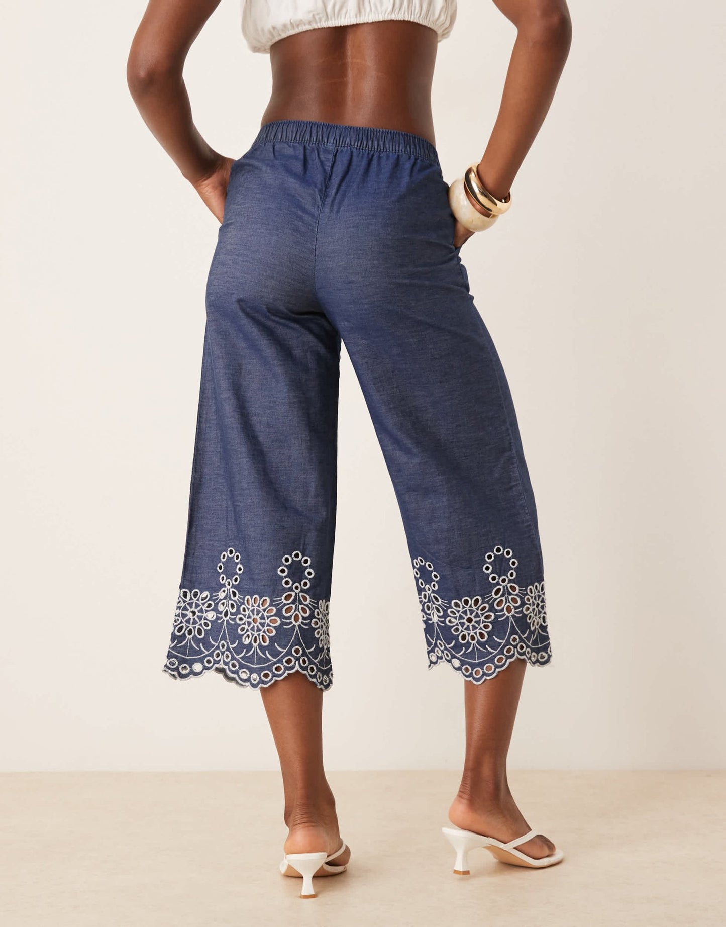 JDY embroidery detail cropped trousers in mid blue wash - ASOS Sample Sale