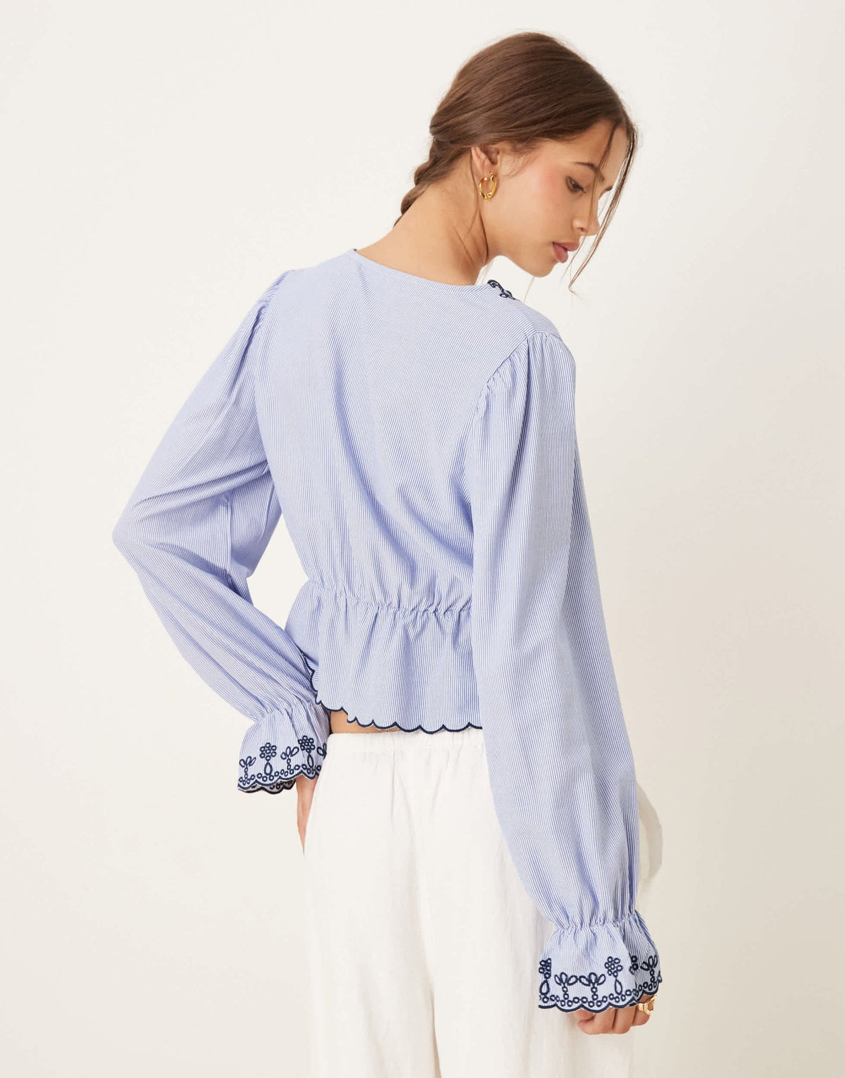 JDY embroidery detail tie front top in light blue - ASOS Sample Sale