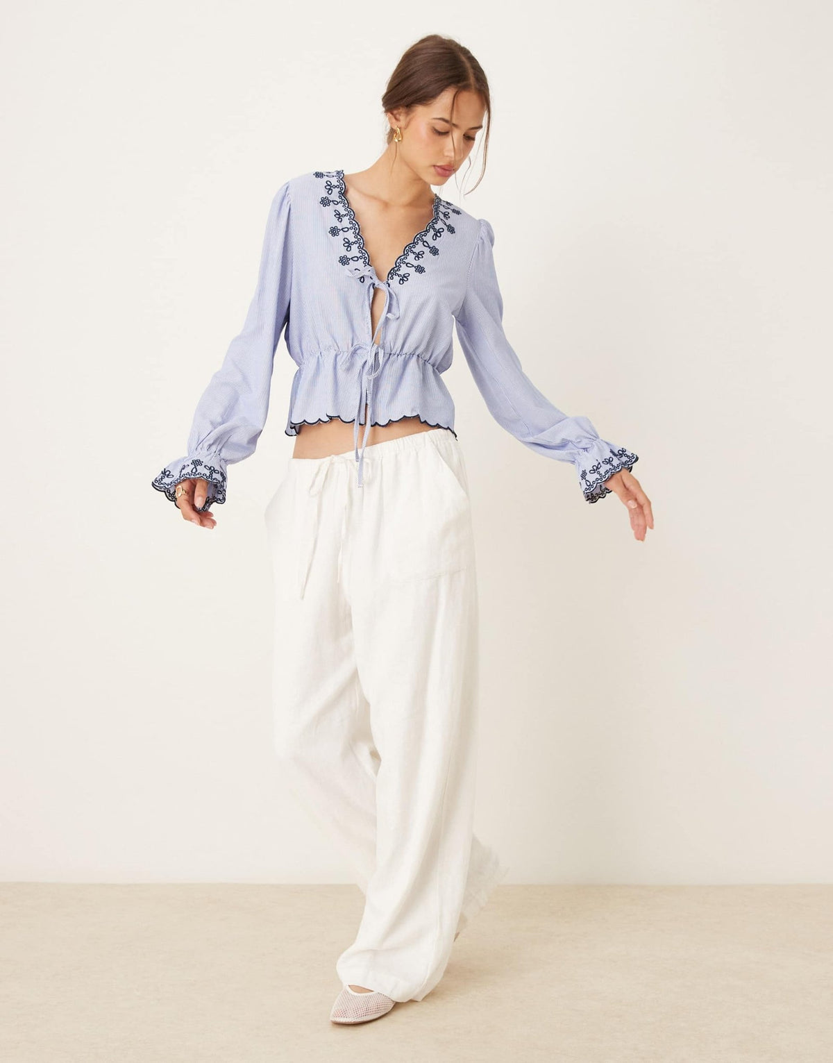 JDY embroidery detail tie front top in light blue - ASOS Sample Sale