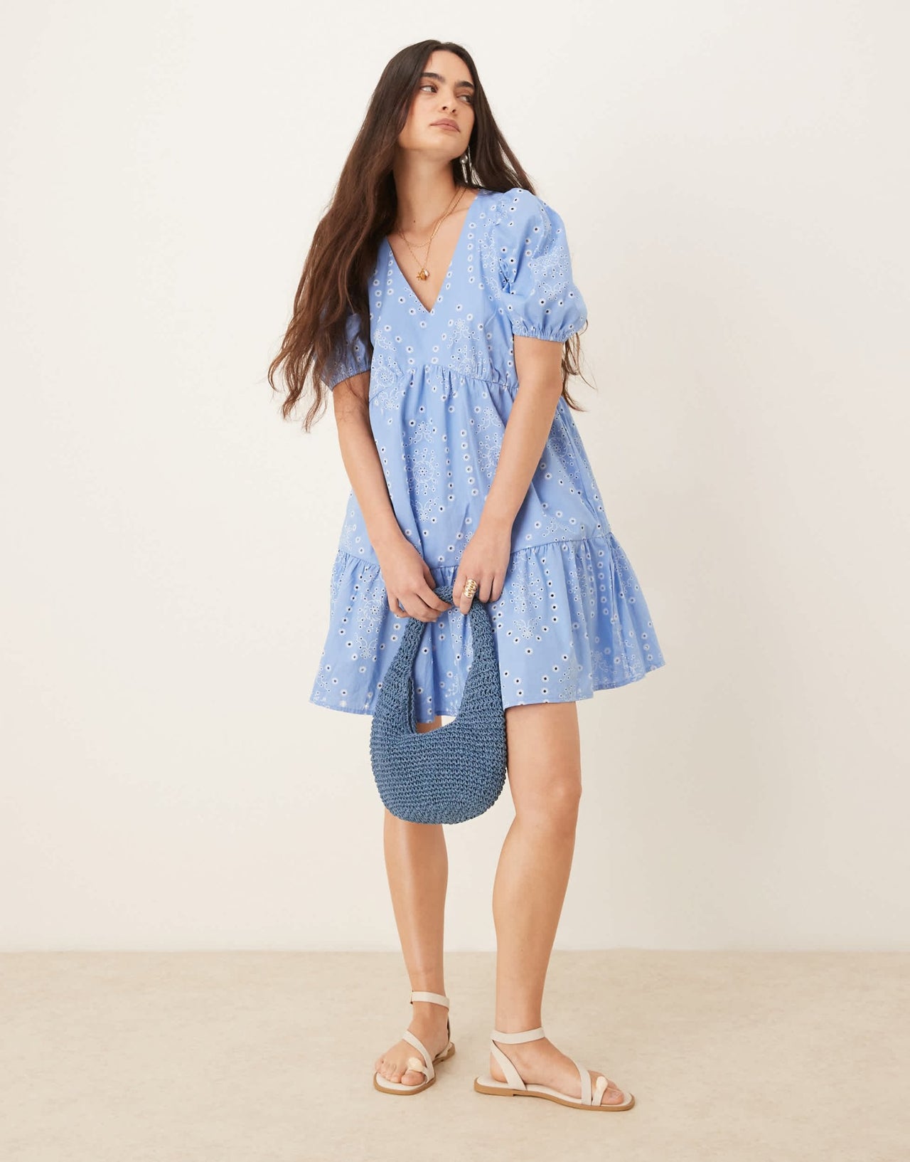 JDY embroidery details tiered mini dress in blue - ASOS Sample Sale