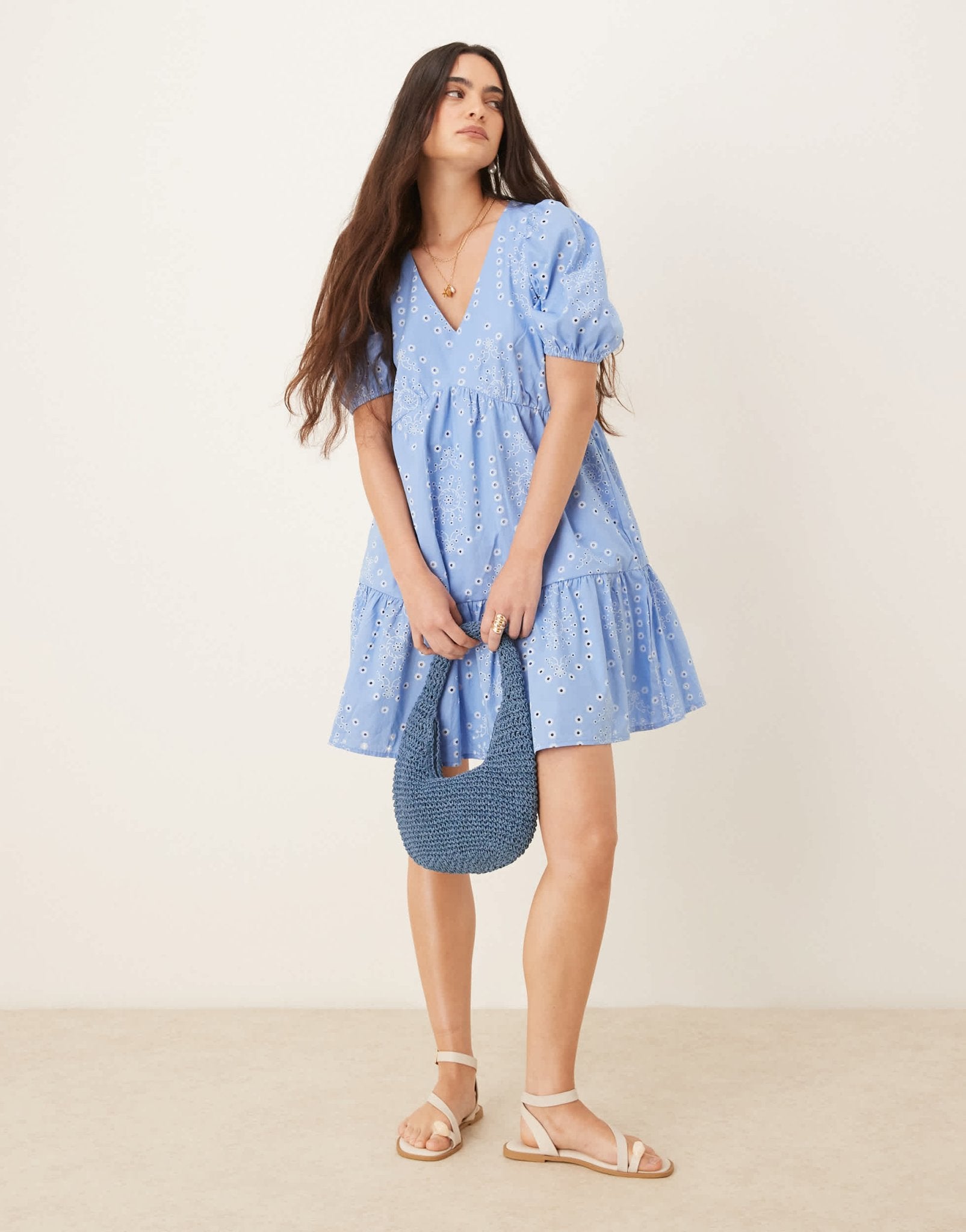 JDY embroidery details tiered mini dress in blue - ASOS Sample Sale