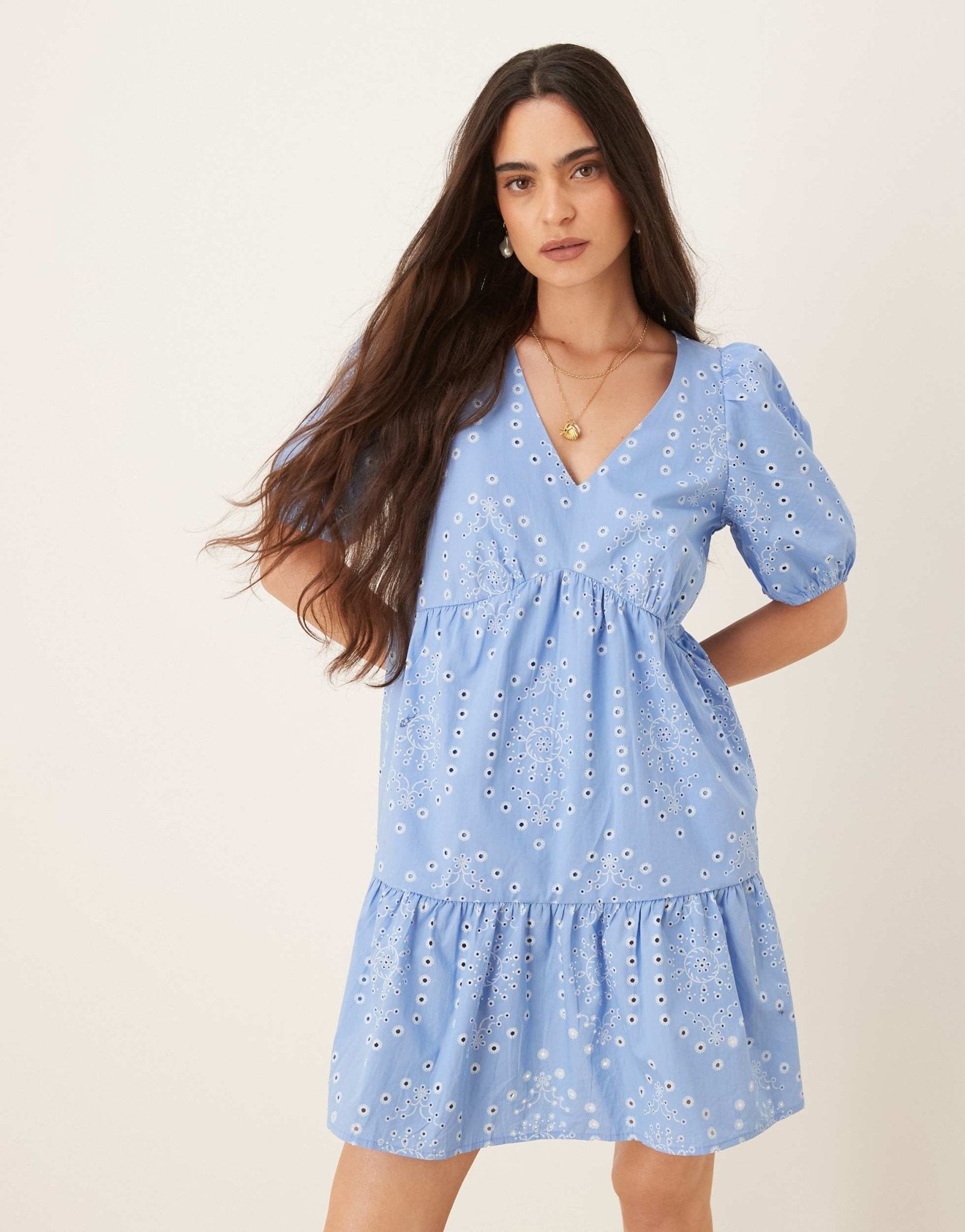 JDY embroidery details tiered mini dress in blue - ASOS Sample Sale