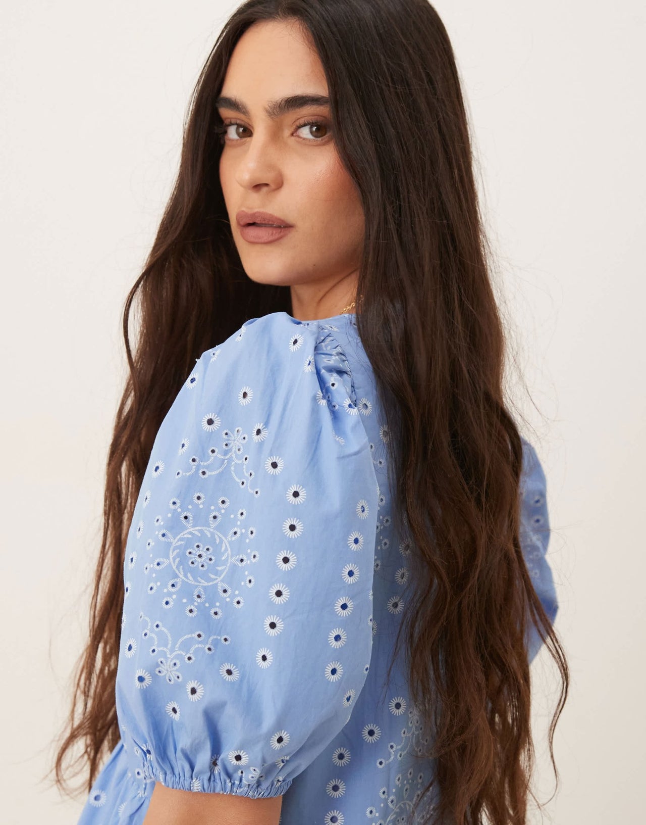 JDY embroidery details tiered mini dress in blue - ASOS Sample Sale