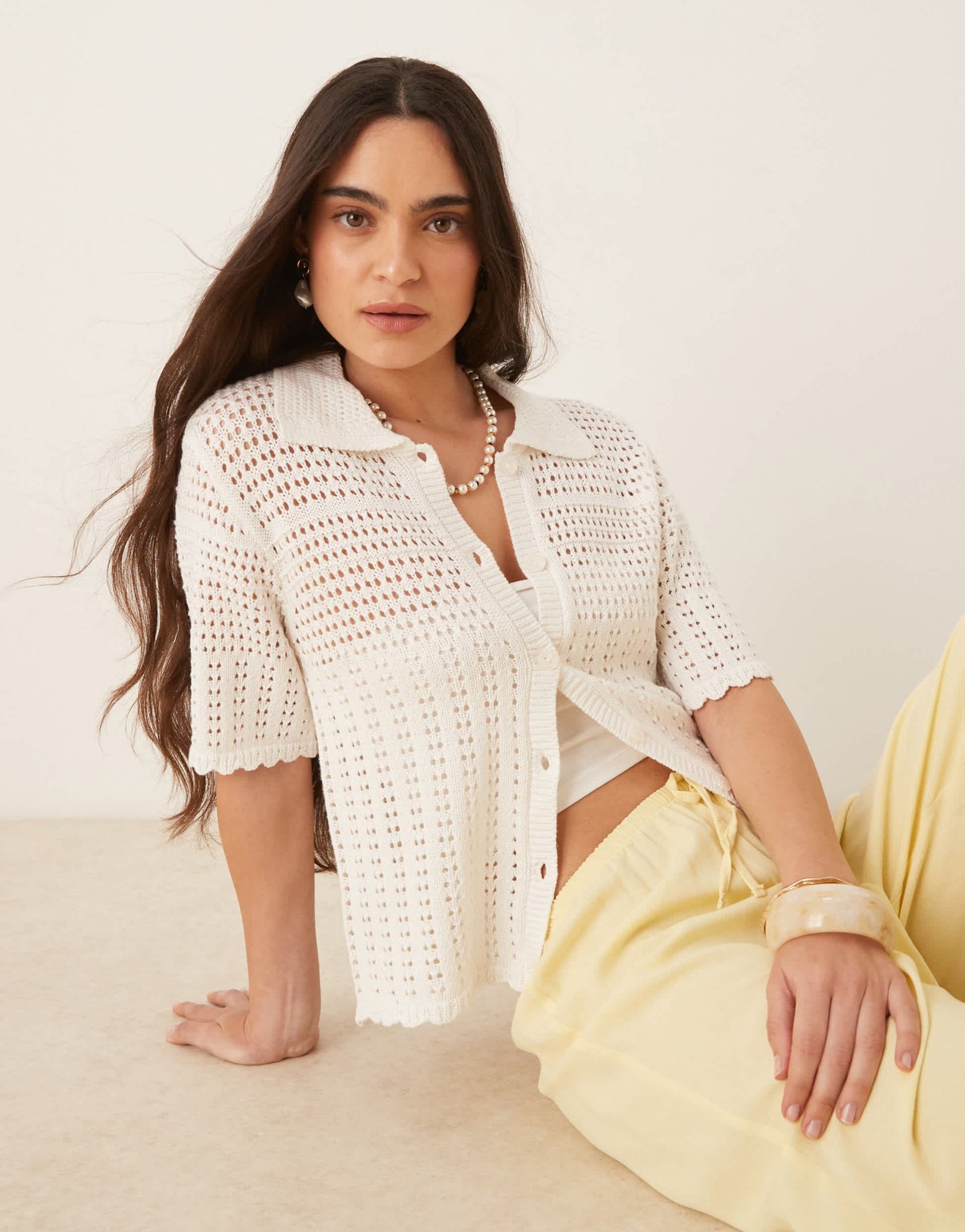 JDY open knit polo cardigan in white - ASOS Sample Sale