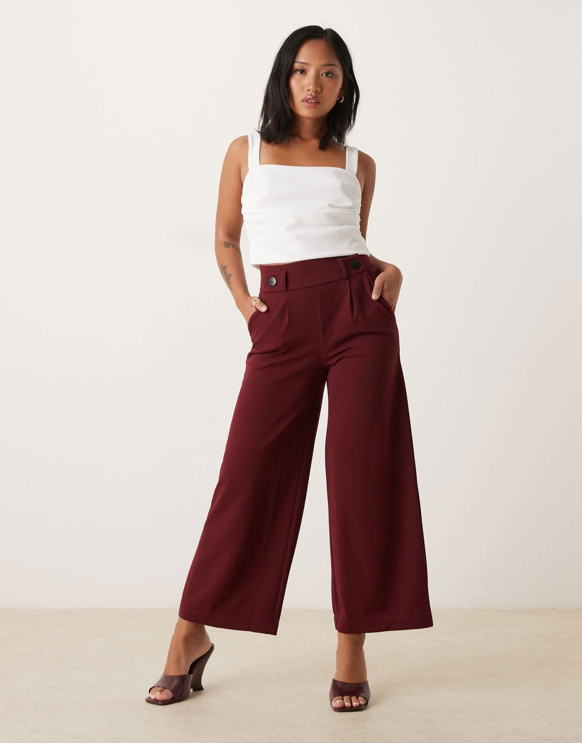 JDY Petite button detail wide leg dad trousers in burgundy - ASOS Sample Sale