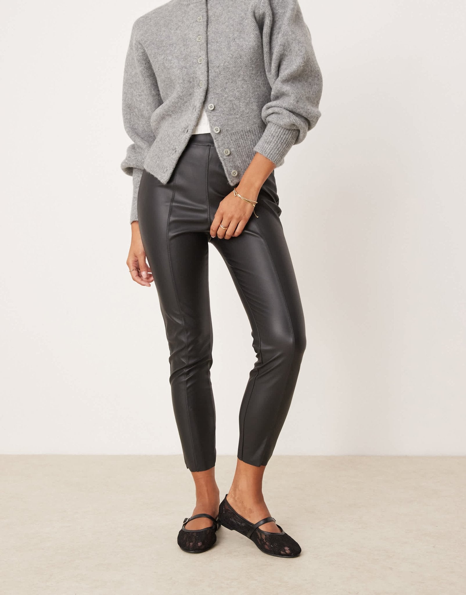 JDY Petite high waisted faux leather trousers in black - ASOS Sample Sale