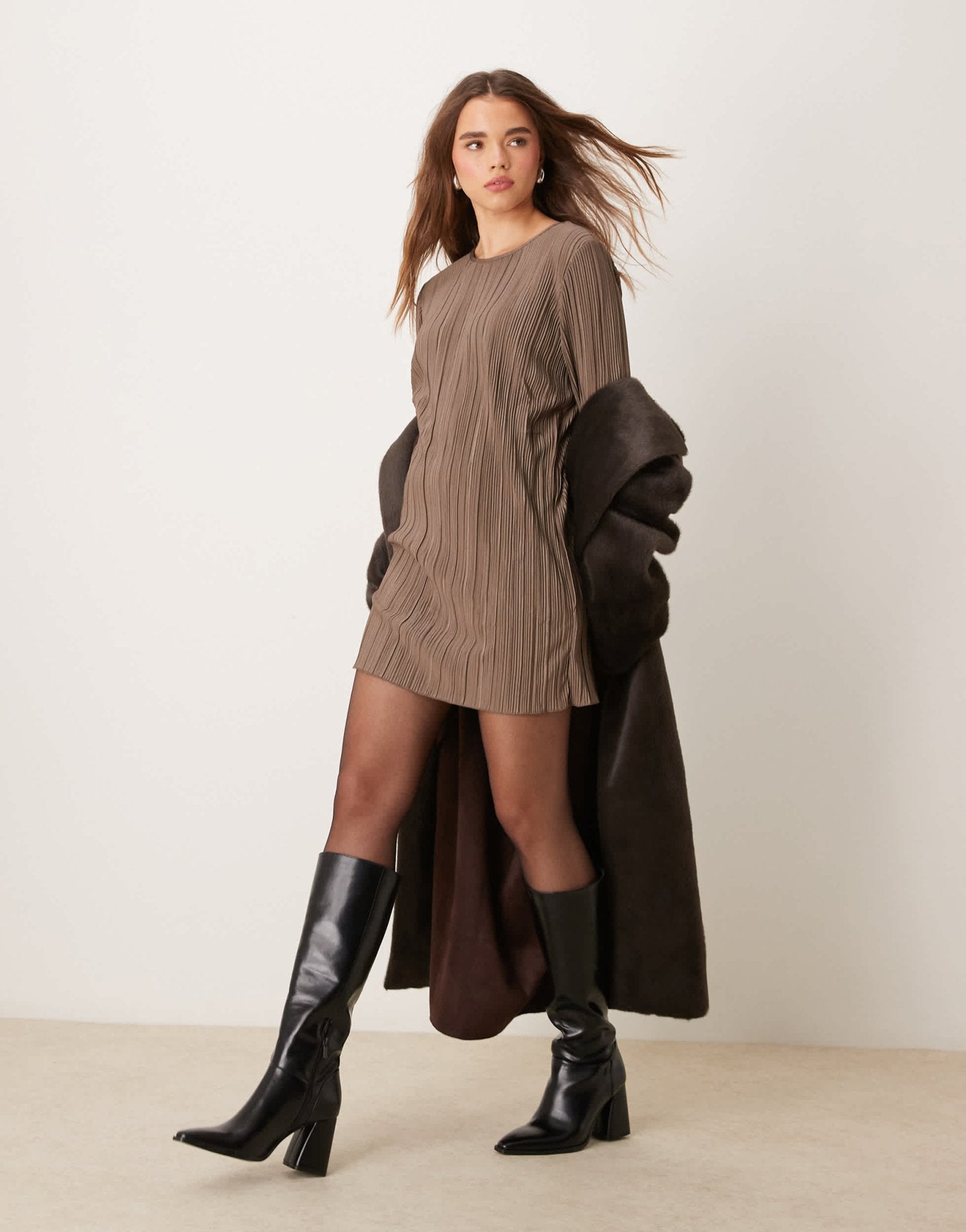 JDY plisse flute sleeves mini dress in light brown - ASOS Sample Sale